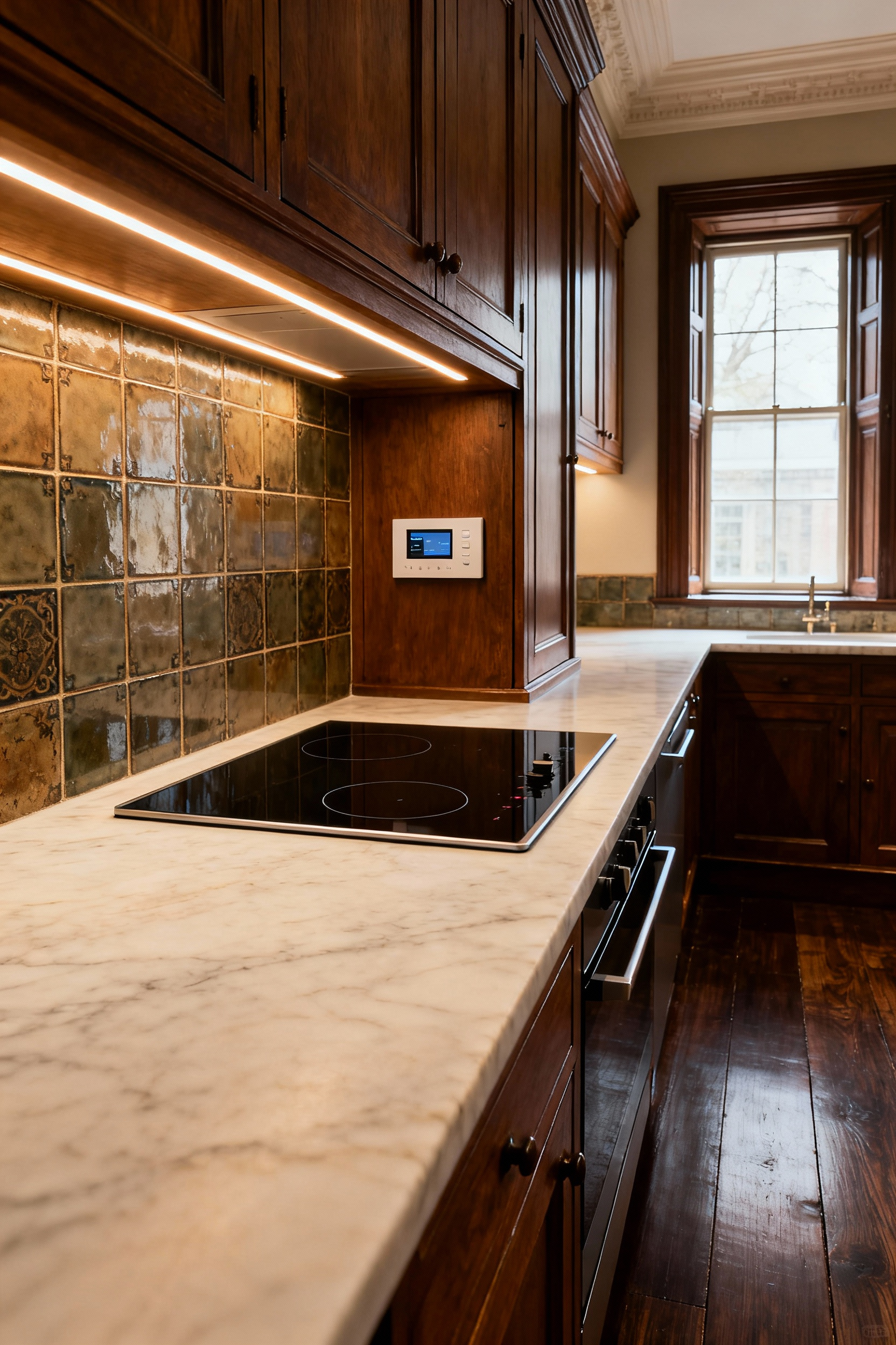 A beautifully restored historic kitchen featuring discreetly integrated smart technology. A sleek induction cooktop blends seamlessly into a light stone counter. Custom wooden cabinetry hides modern controls, while soft under-cabinet lighting enhances the space. Natural light fills the room, showcasing a perfect blend of period authenticity and future-ready functionality.