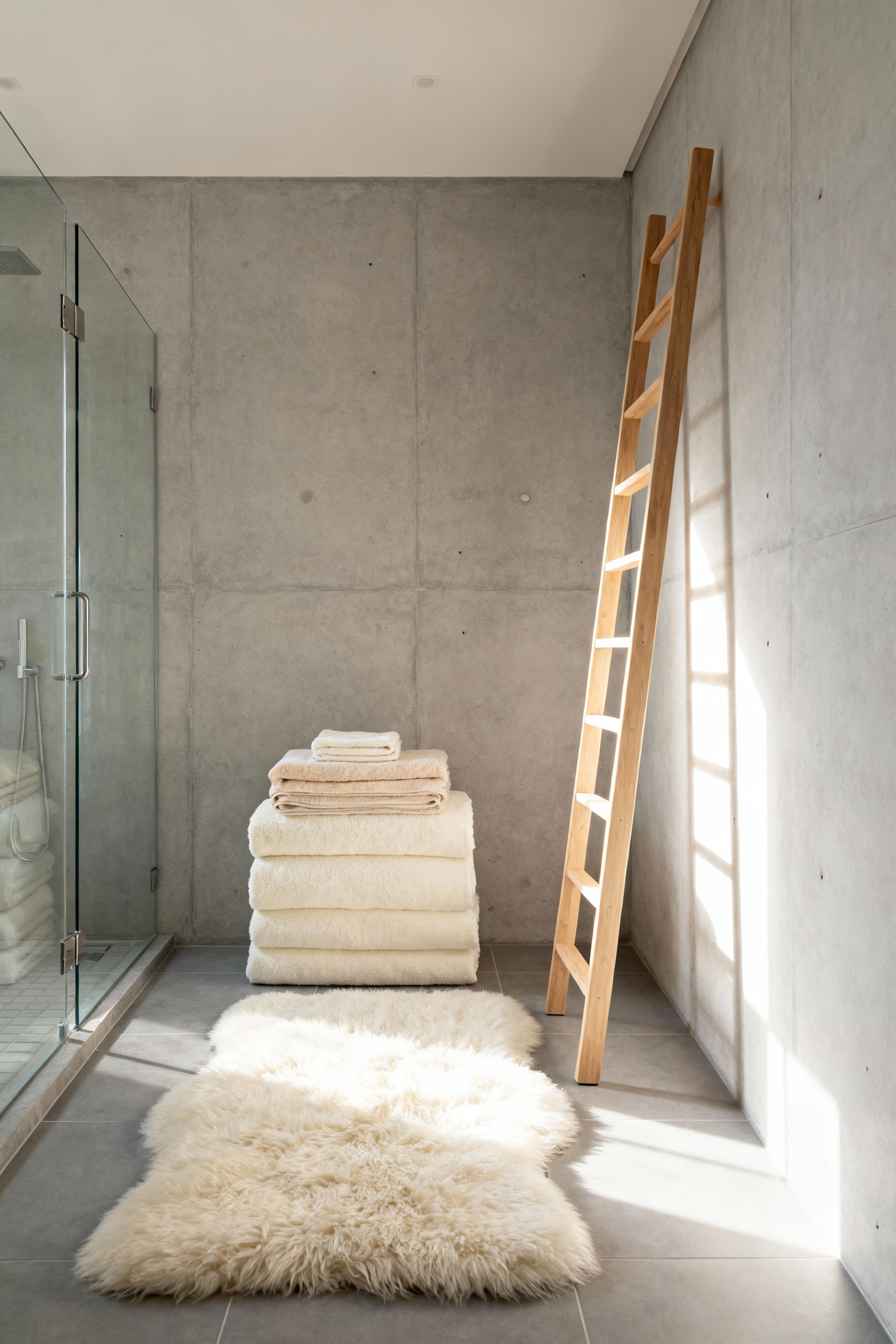 A minimalistic bathroom featuring high-GSM organic cotton towels stacked on a wooden ladder and a dense, plush wool rug designed to dampen acoustic echo.