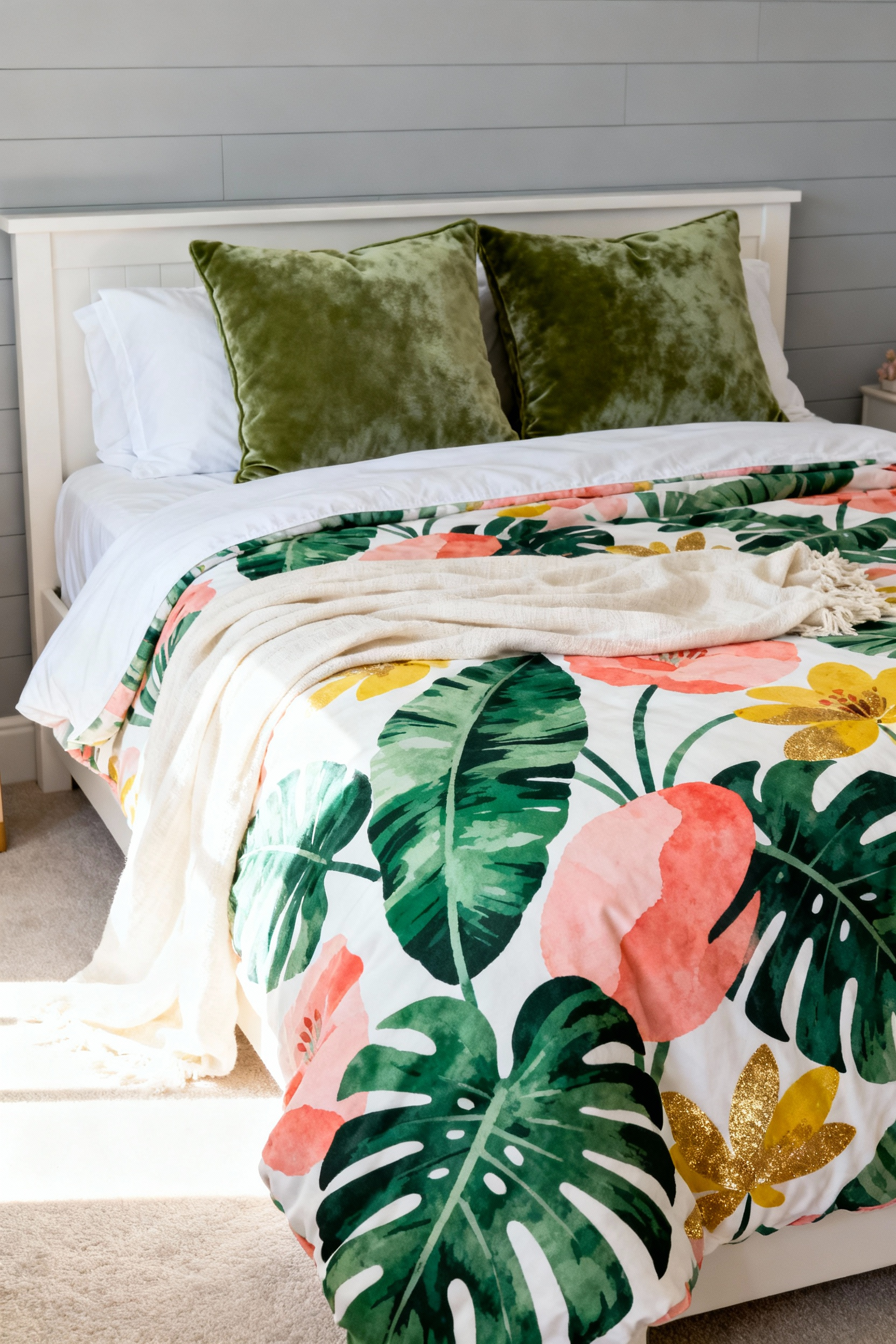 A modern girl's bedroom featuring a bed dressed in crisp white sheets and a vibrant botanical floral duvet, accented with solid sage green throw pillows for a spring refresh.