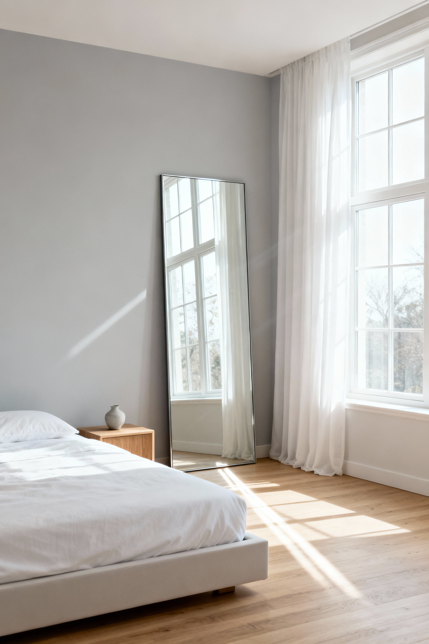 A minimalist bedroom layout featuring a strategic placement of a large, frameless mirror directly opposite a window, maximizing the reflection of natural light and enhancing the room's spaciousness.