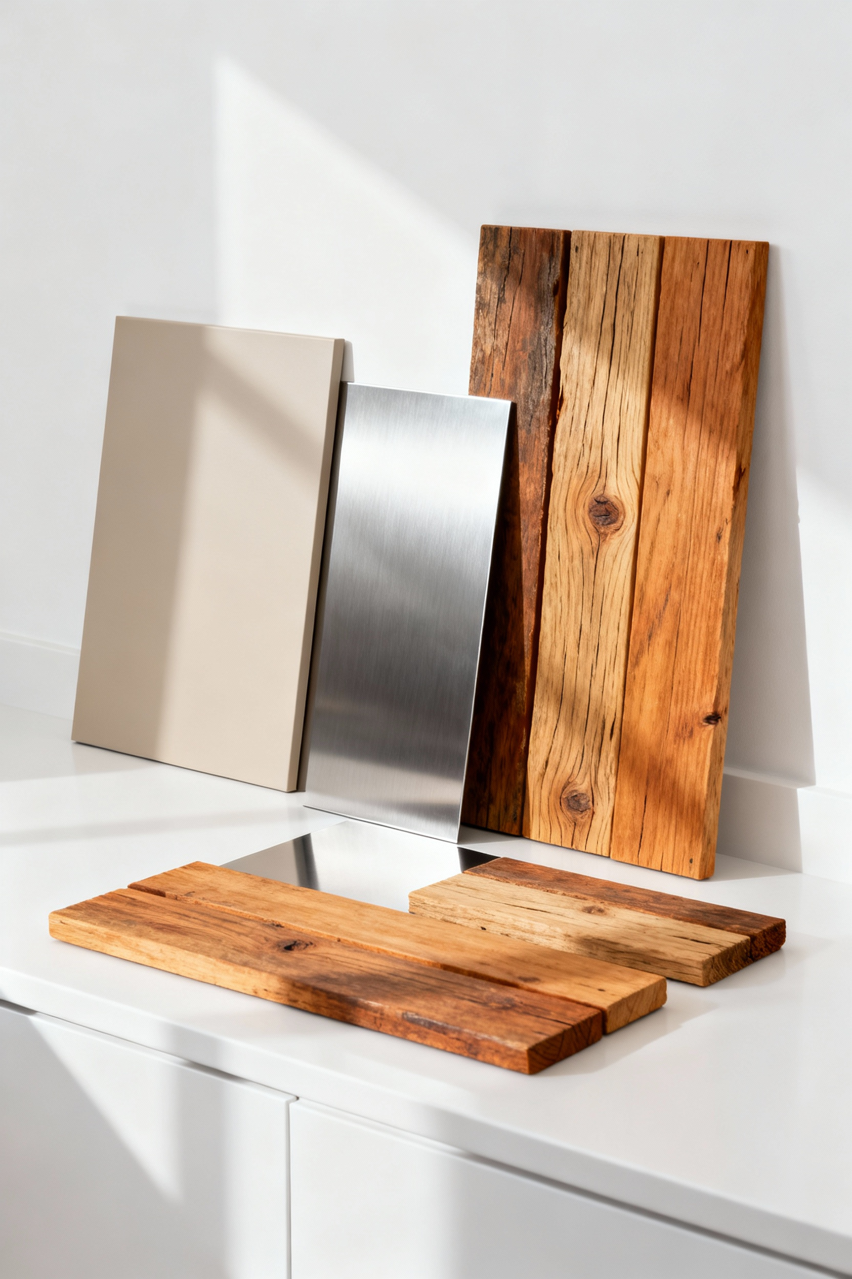 Close-up of various sustainable outdoor kitchen cabinet materials, including recycled HDPE, brushed stainless steel, and reclaimed wood, arranged for evaluation.