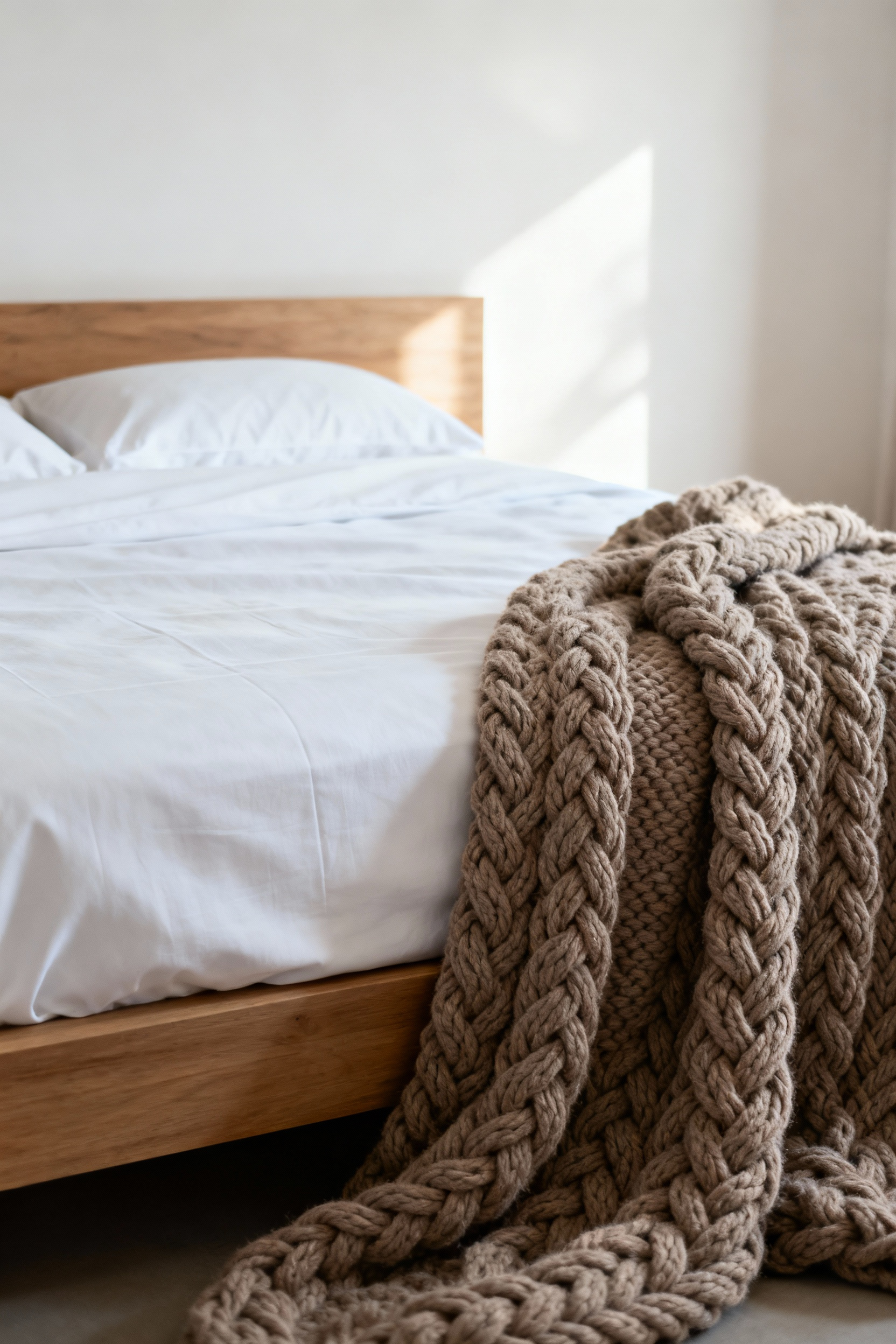 Minimalist bedroom interior design showcasing a perfectly made king bed with crisp white sheets sharply contrasted by a heavy, chunky oatmeal-colored throw, illustrating the concept of Tactile Zoning for sensory engagement.
