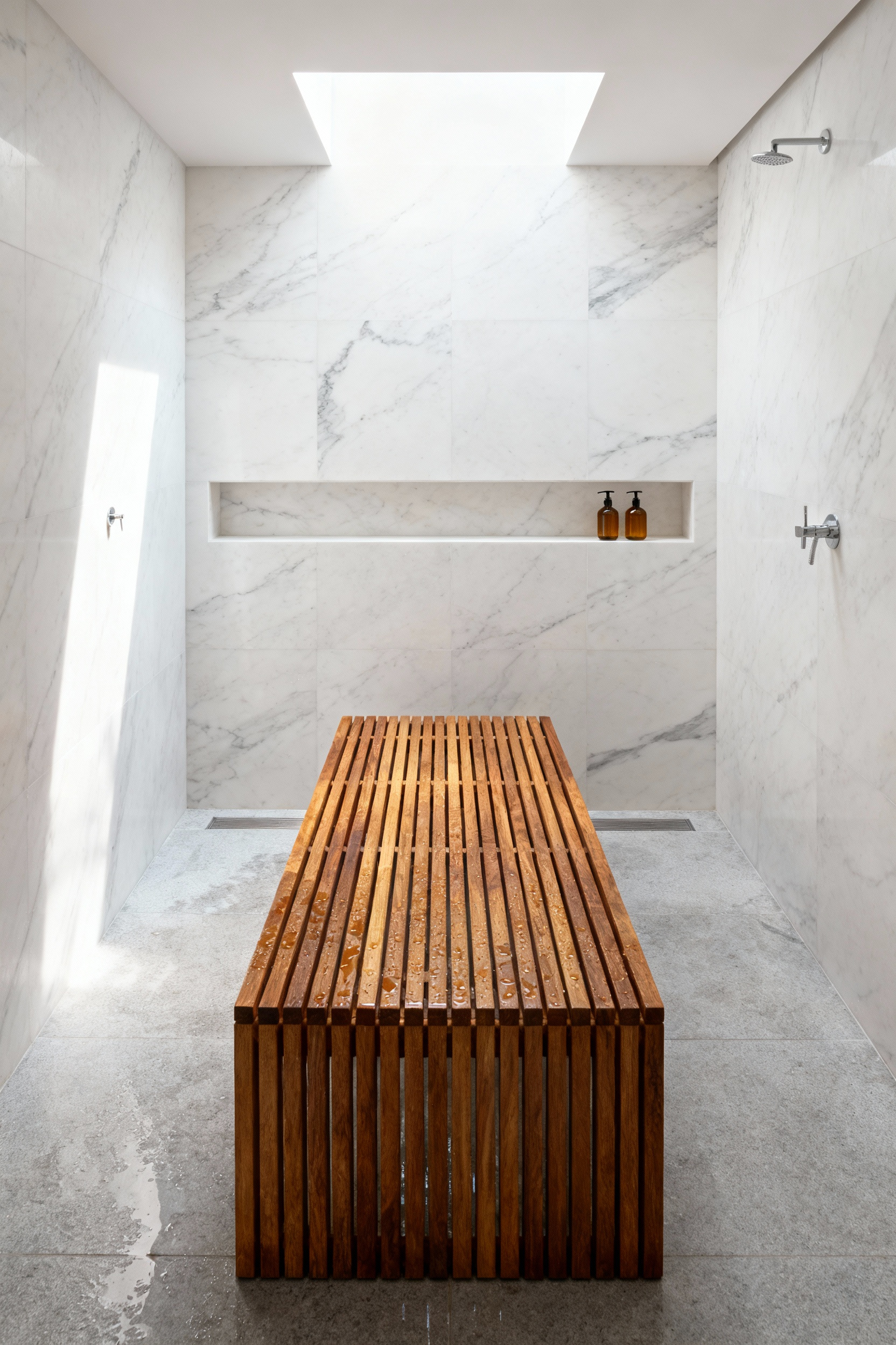 A durable teak shower bench inside a modern walk-in shower featuring polished white marble walls and light gray stone flooring, highlighting the wood's natural resilience.