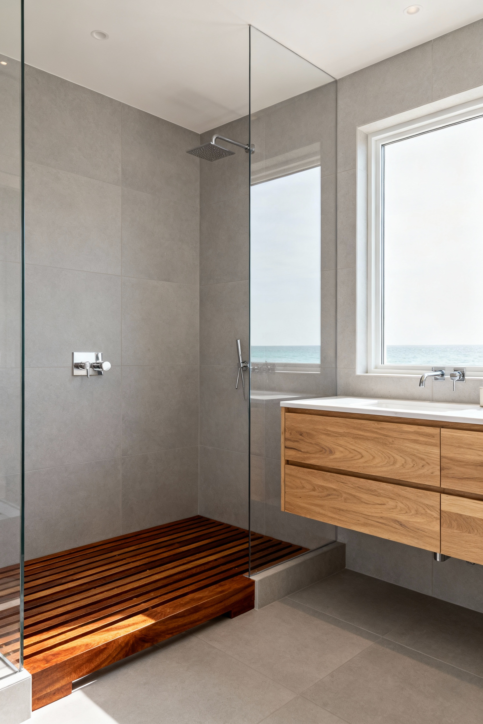 Coastal bathroom renovation showcasing a slatted marine-grade teak shower bench contrasting with rift-sawn white oak cabinetry under bright natural light.