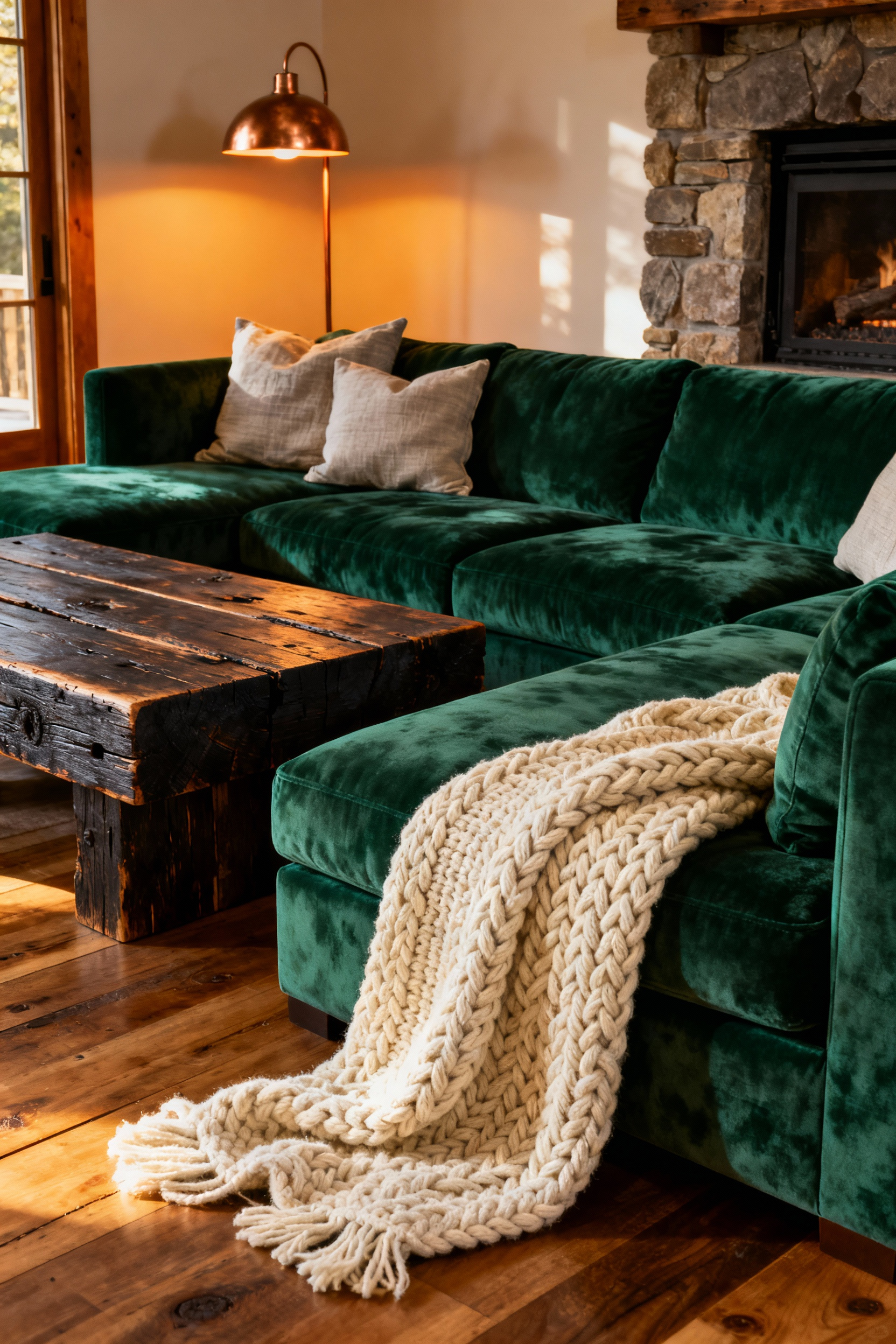 A modern rustic living room showing a dramatic texture contrast between a luxurious emerald green velvet sofa and a rugged, reclaimed wood coffee table under warm ambient light.