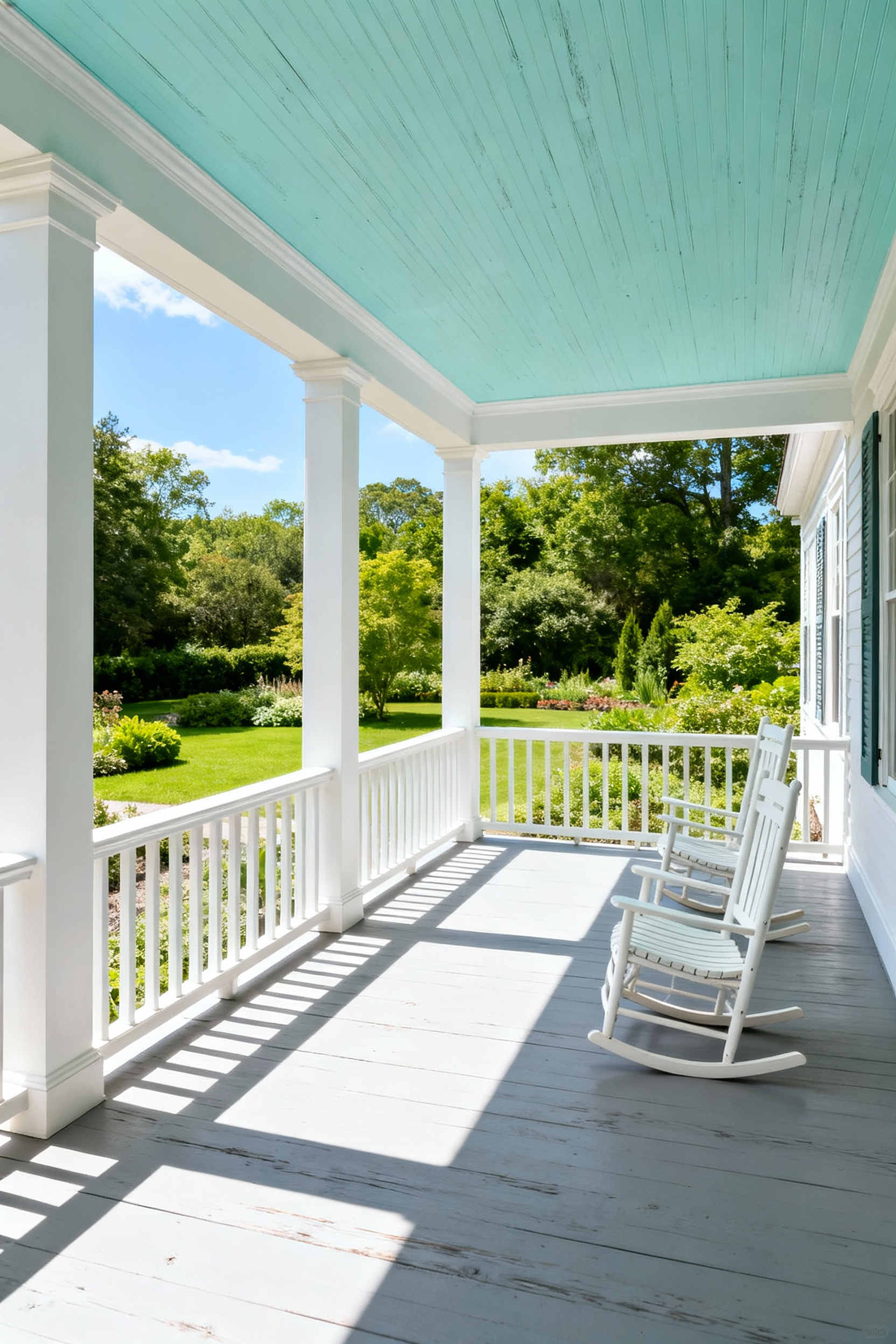 A wide view of a traditional porch featuring a high ceiling painted in a pale Haint Blue shade, creating an airy, sky-like atmosphere above white trim and gray decking.