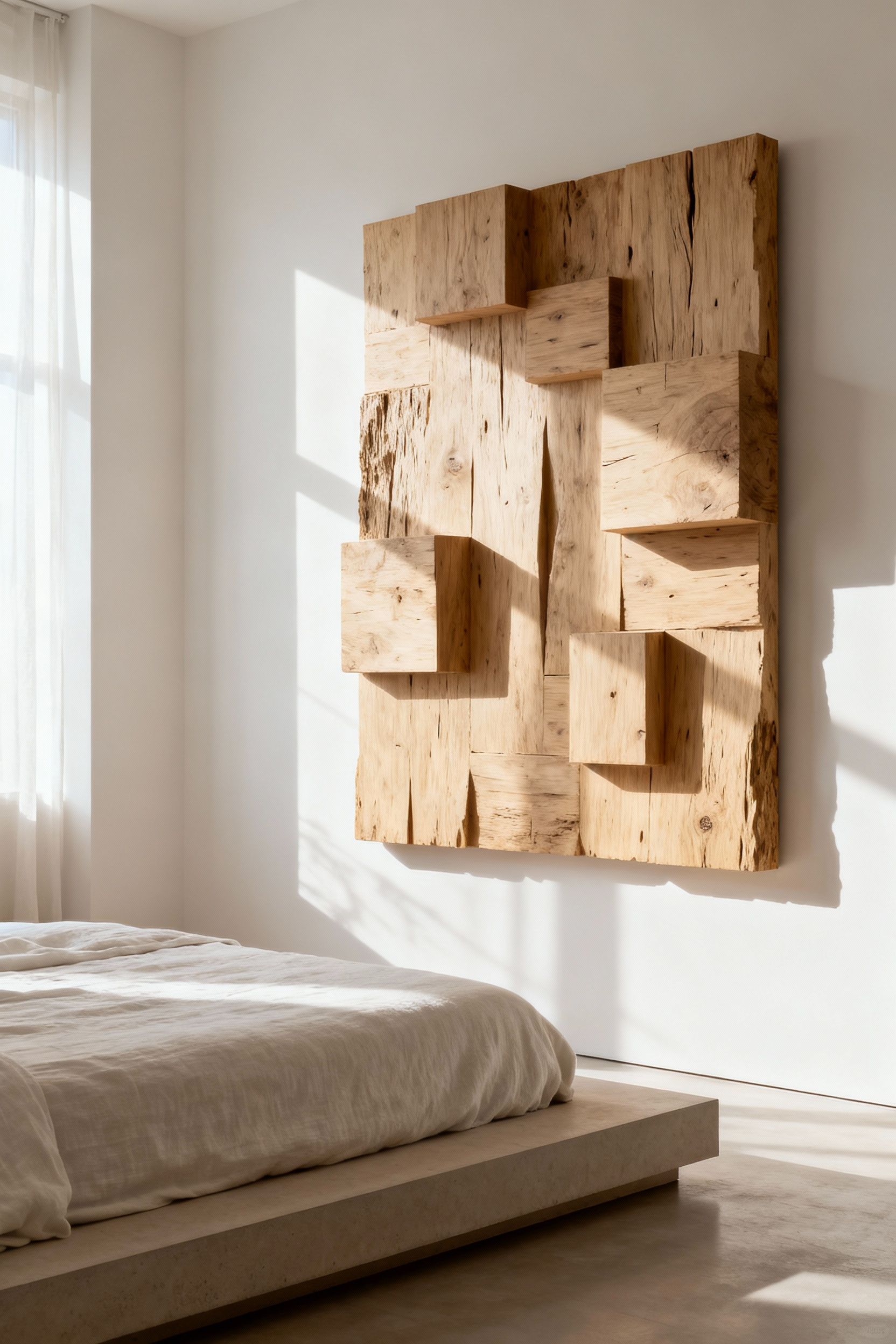 Large, raw, unfinished white oak wood wall sculpture installed above a minimalist bed in a tranquil, neutral-toned bedroom, emphasizing grounding materiality.
