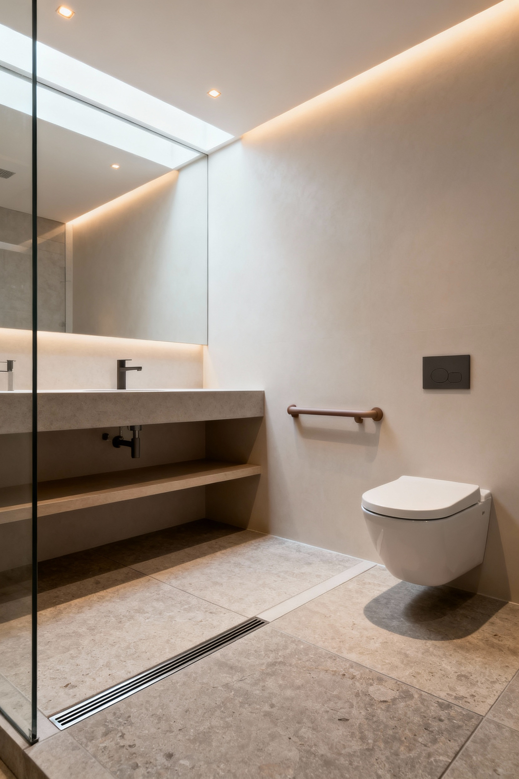 Modern bathroom with elegant universal access features, including a curbless shower, floating vanity, and integrated grab bar, designed for style and accessibility.