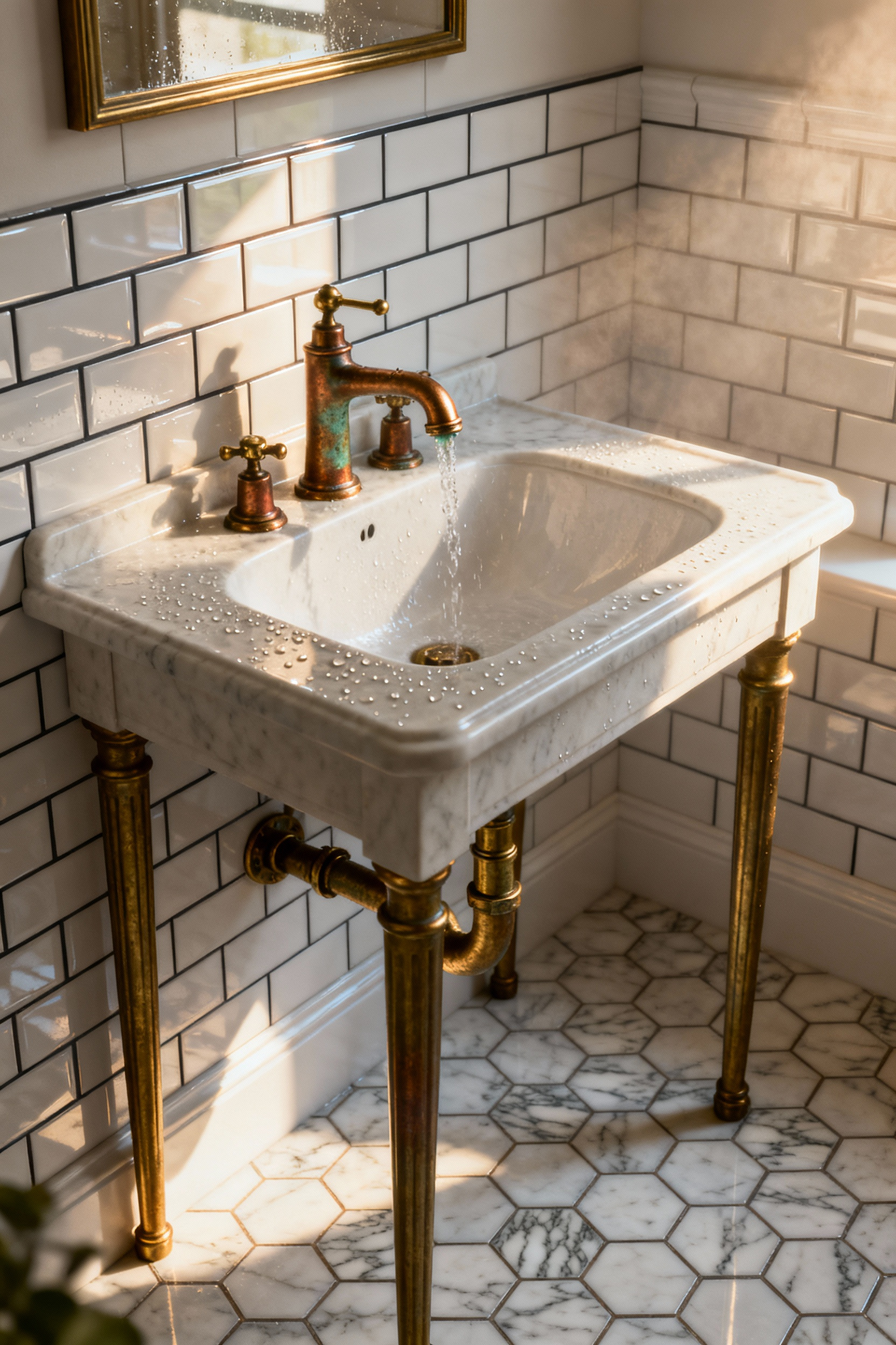 Vintage bathroom console sink featuring unlacquered brass widespread faucet and exposed plumbing starting to develop a natural, warm patina due to humidity.