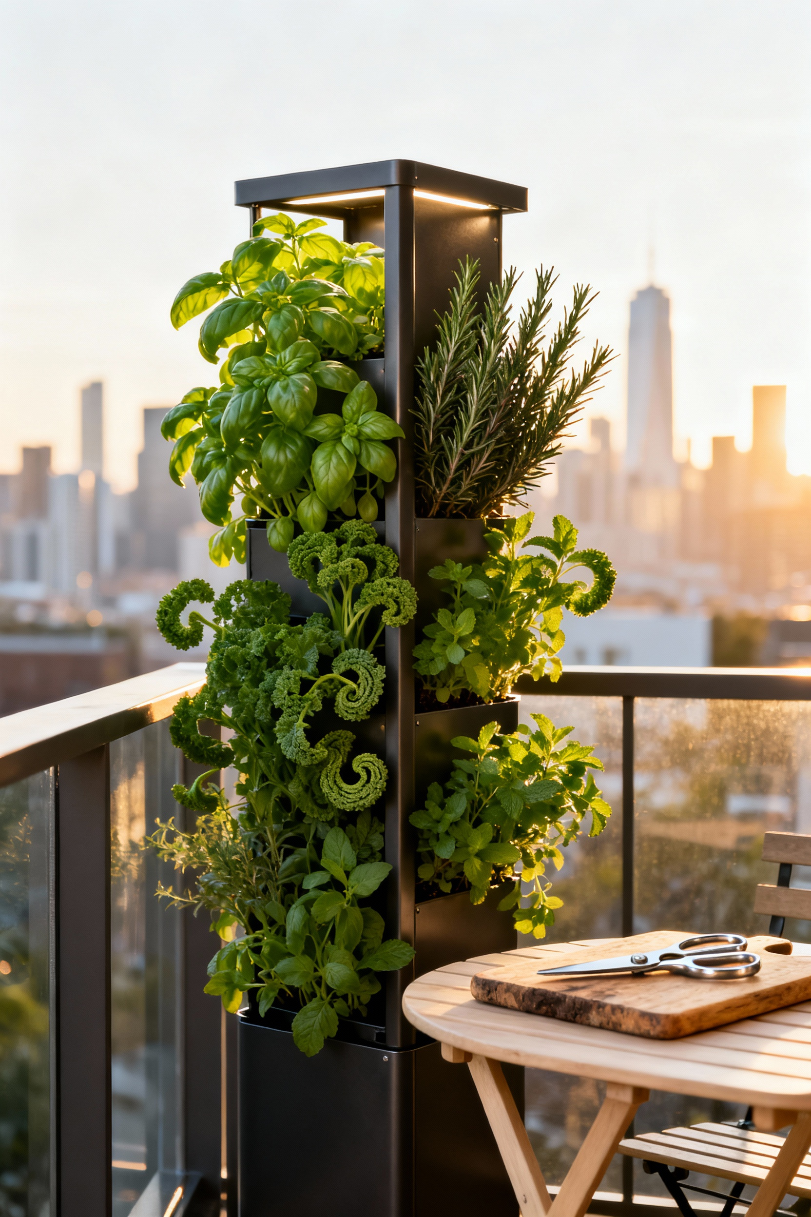 Vertical herb garden tower on a stylish urban apartment balcony displaying lush basil and rosemary, staged next to a wooden cutting board, emphasizing fresh, accessible ingredients for cooking.