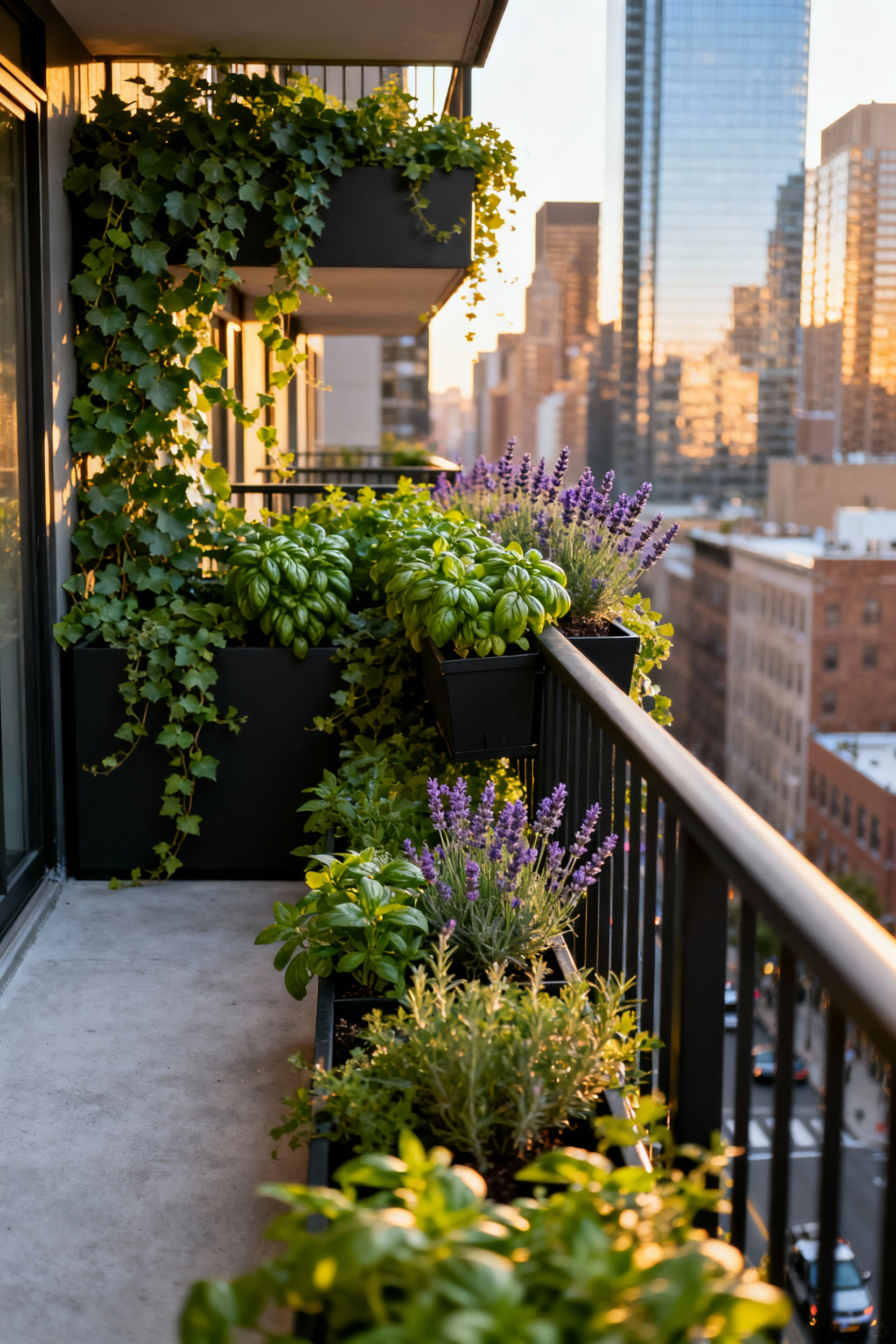 Biophilic railing planters filled with lavender and ivy creating a vibrant green seam along a modern concrete urban balcony railing, contrasting with the blurred cityscape background at golden hour.