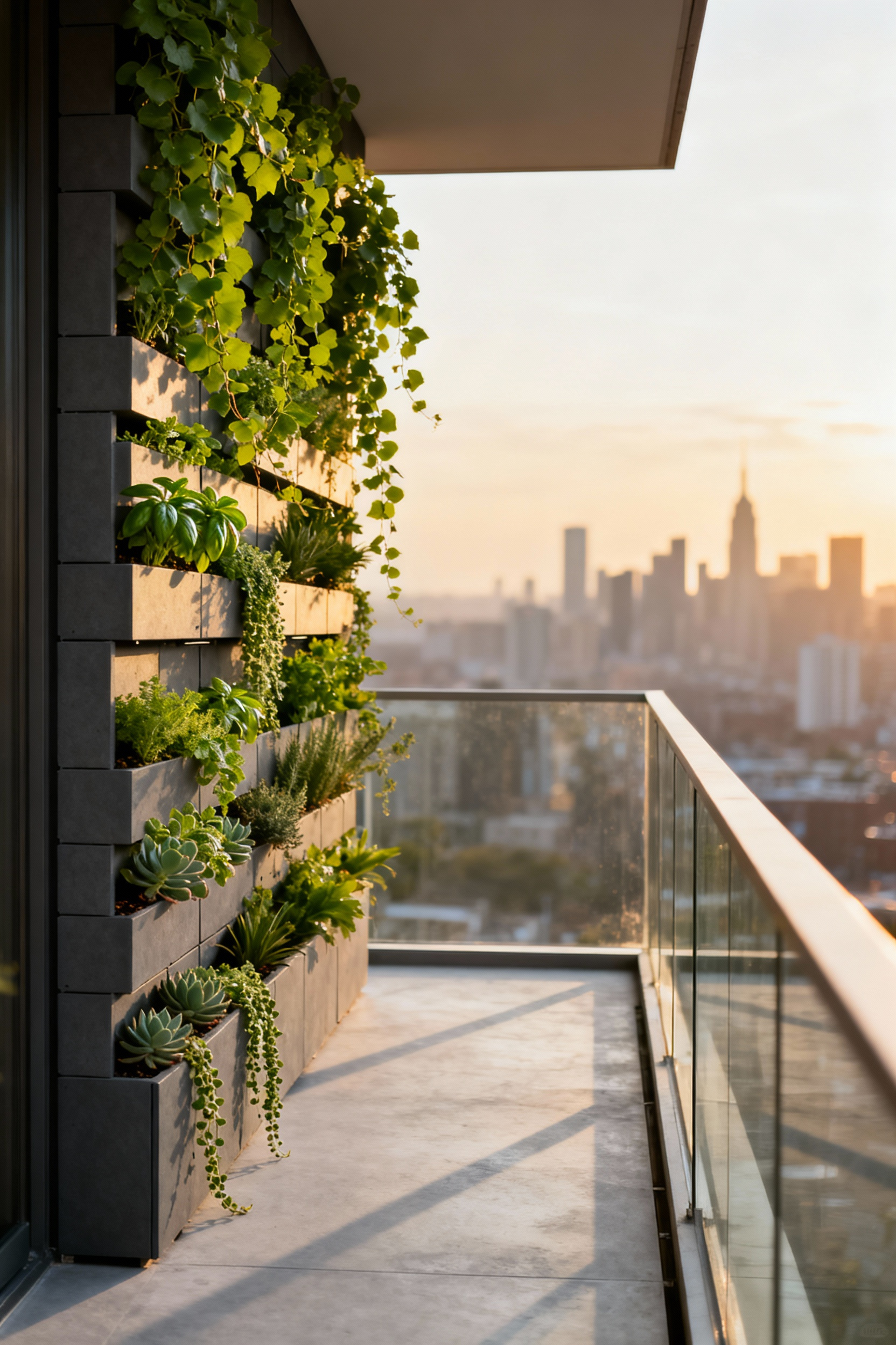 A lush, modular vertical living wall garden installed on a small, modern high-rise balcony overlooking a dense urban skyline bathed in the warm light of the golden hour.