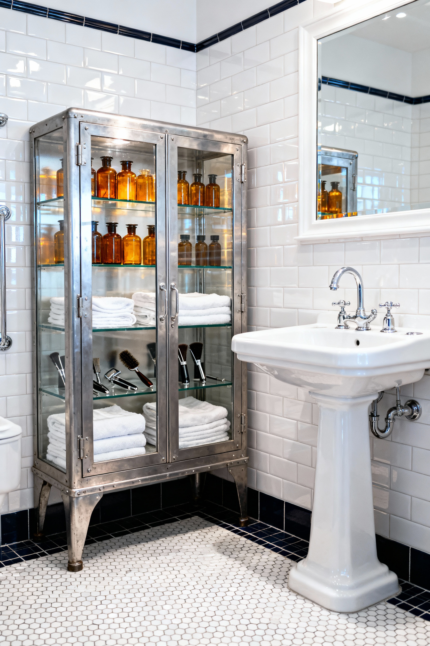 A pristine vintage bathroom featuring a repurposed pale grey steel medical cabinet used for organized apothecary and grooming storage, set against white subway tile walls.