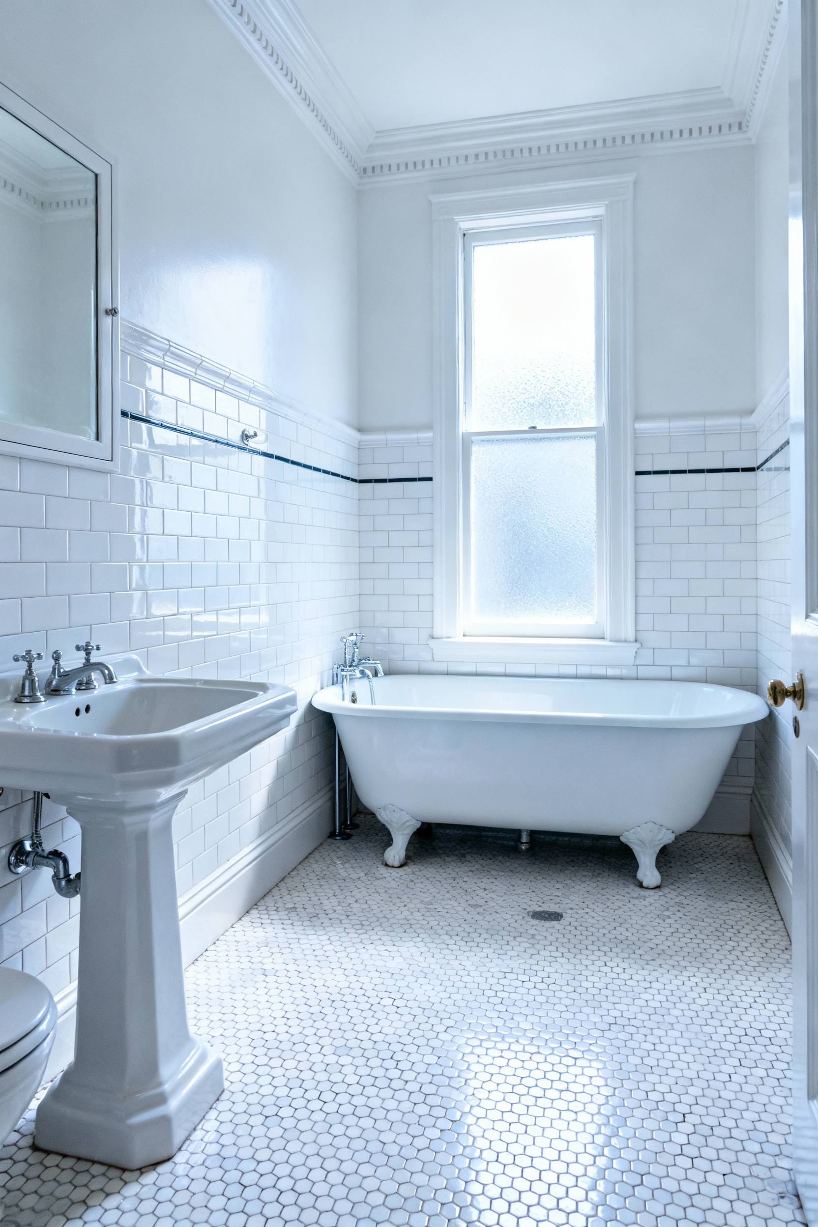 A pristine 1920s vintage bathroom featuring a classic 1-inch white hexagonal ceramic mosaic floor, a pedestal sink, and a clawfoot tub, illustrating early 20th-century hygiene standards.