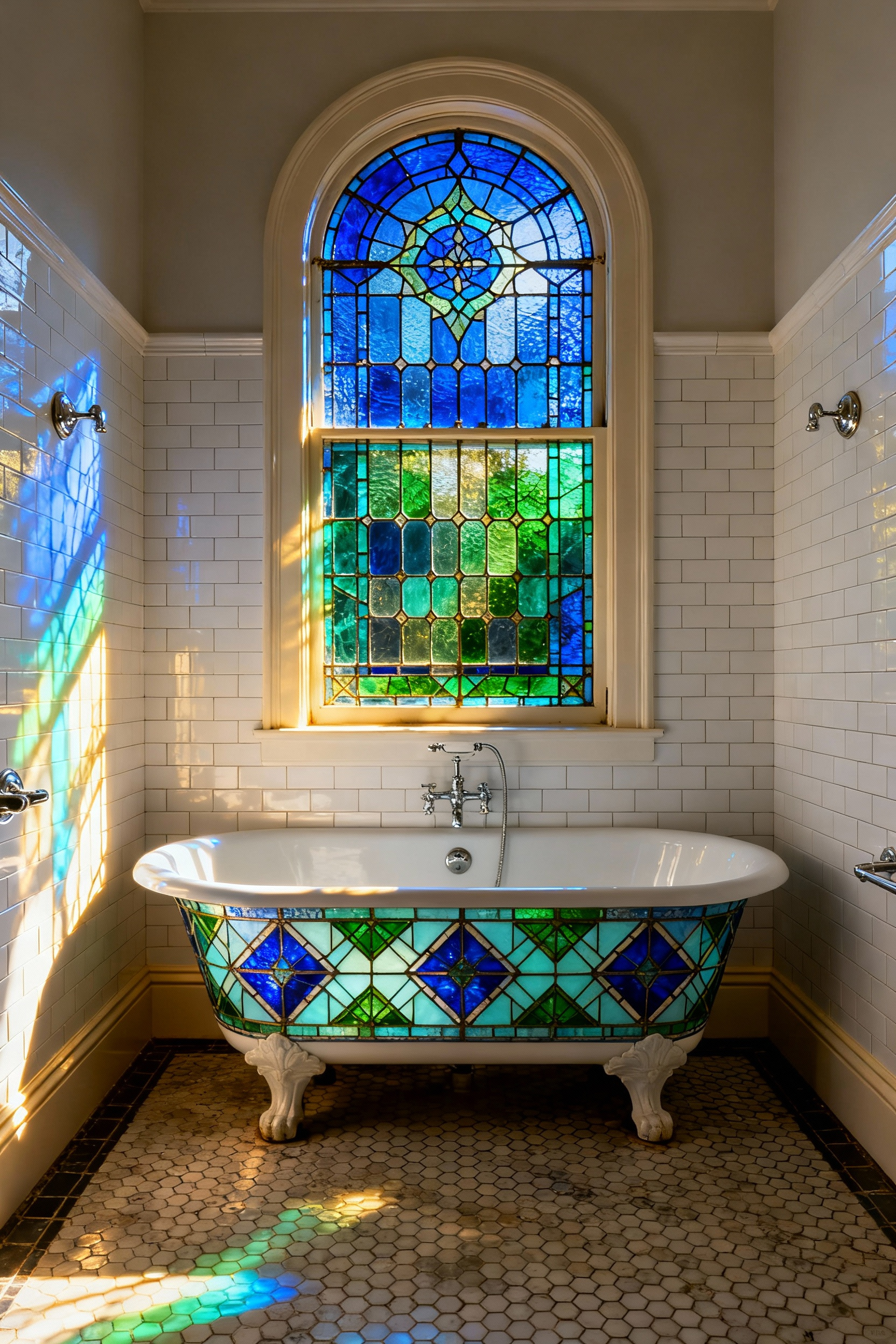 Serene vintage bathroom featuring an antique stained glass window projecting blue and green light patterns onto the subway tiled walls, emphasizing architectural salvage design.