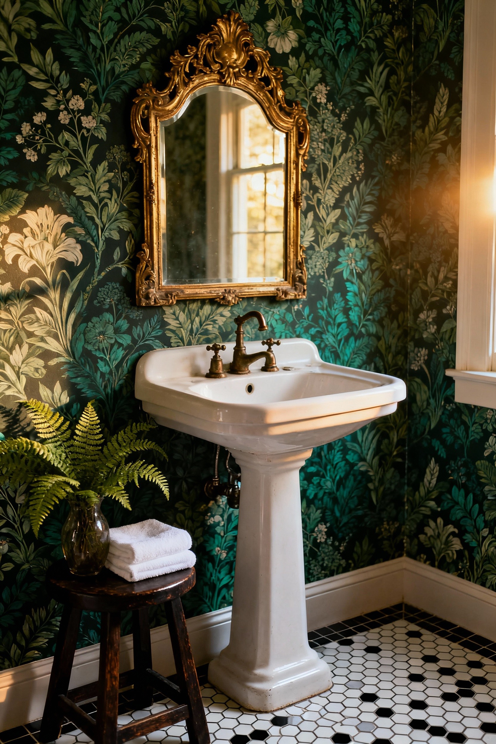 Bathroom interior featuring intricate William Morris inspired botanical wallpaper in forest green and teal, a white pedestal sink, and antique bronze fixtures, evoking the Arts and Crafts aesthetic.