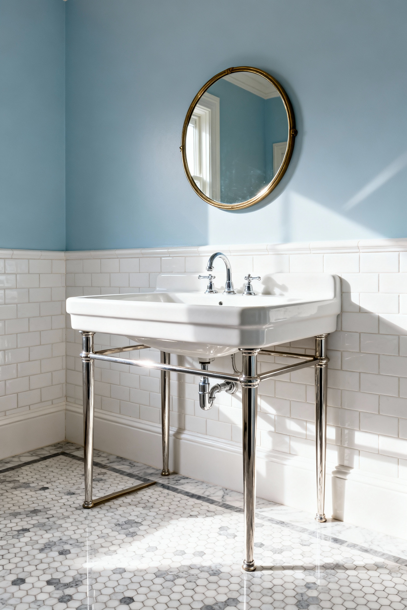 Vintage Art Deco console sink featuring a white fireclay basin and slender polished nickel exposed legs in a sophisticated bathroom with hexagonal marble floors.