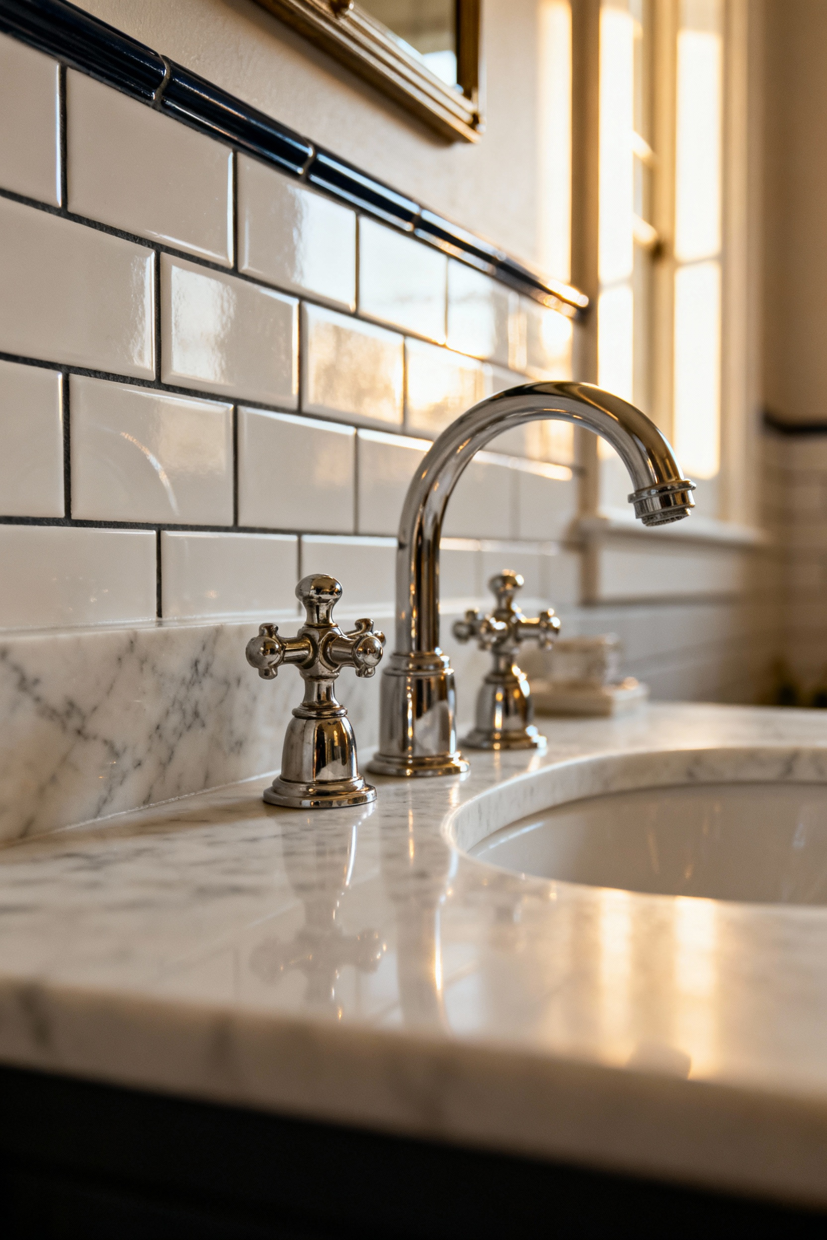 A detailed photograph of a vintage bathroom vanity featuring a pedestal sink and polished nickel cross-handle taps set against white subway tile walls under soft morning light