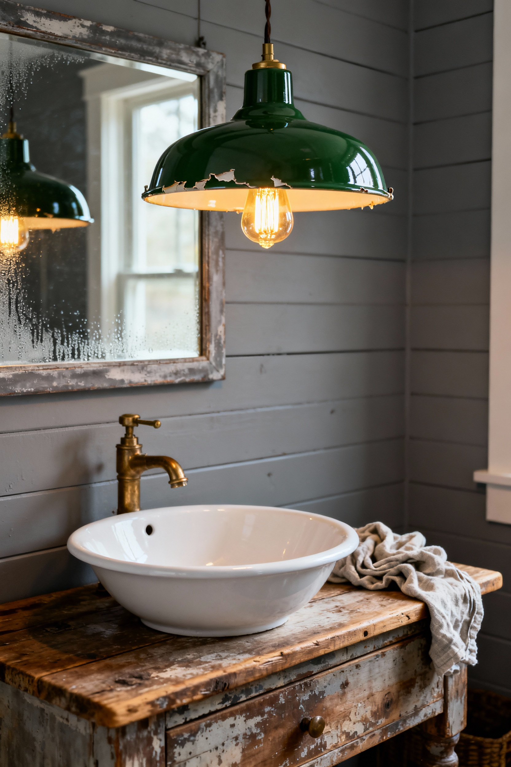 A glossy green vintage industrial pendant light hangs above a rustic bathroom vanity, showing subtle chips in the enamel where moisture penetration could cause hidden rust.