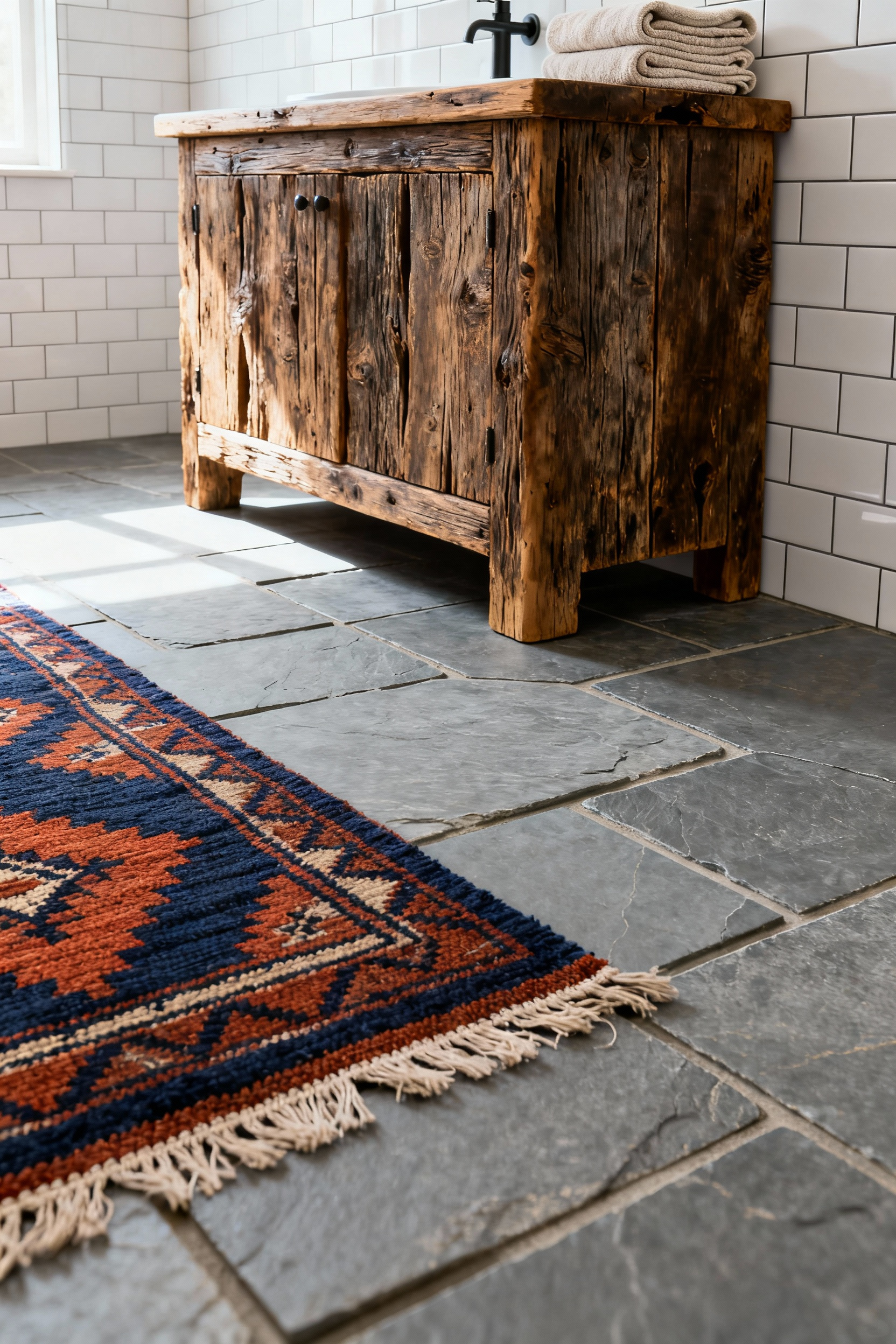 Rustic bathroom remodel showcasing a vibrant vintage kilim rug placed on a cool grey stone floor, offsetting the hard surfaces of porcelain and subway tile, alongside a reclaimed wood vanity and soft linen towels.