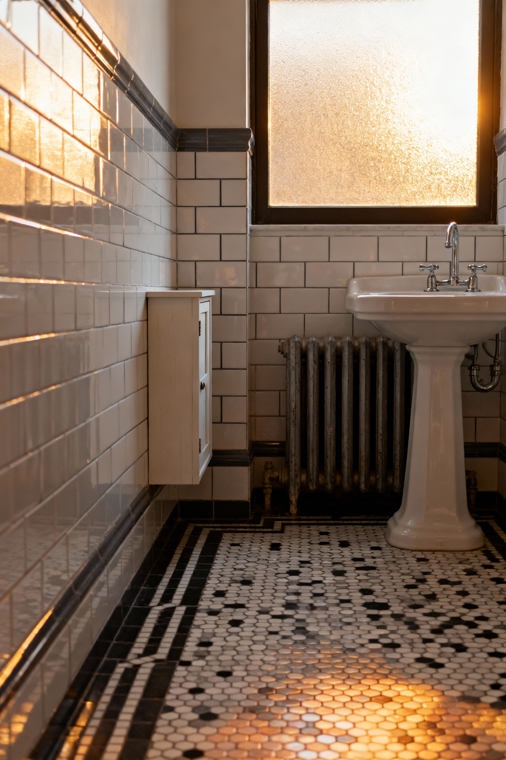 Compact vintage bathroom design showcasing reclaimed space where a bulky radiator was removed, featuring heated black and white mosaic tile floors, white subway walls, and a minimalist wall-mounted storage shelf.