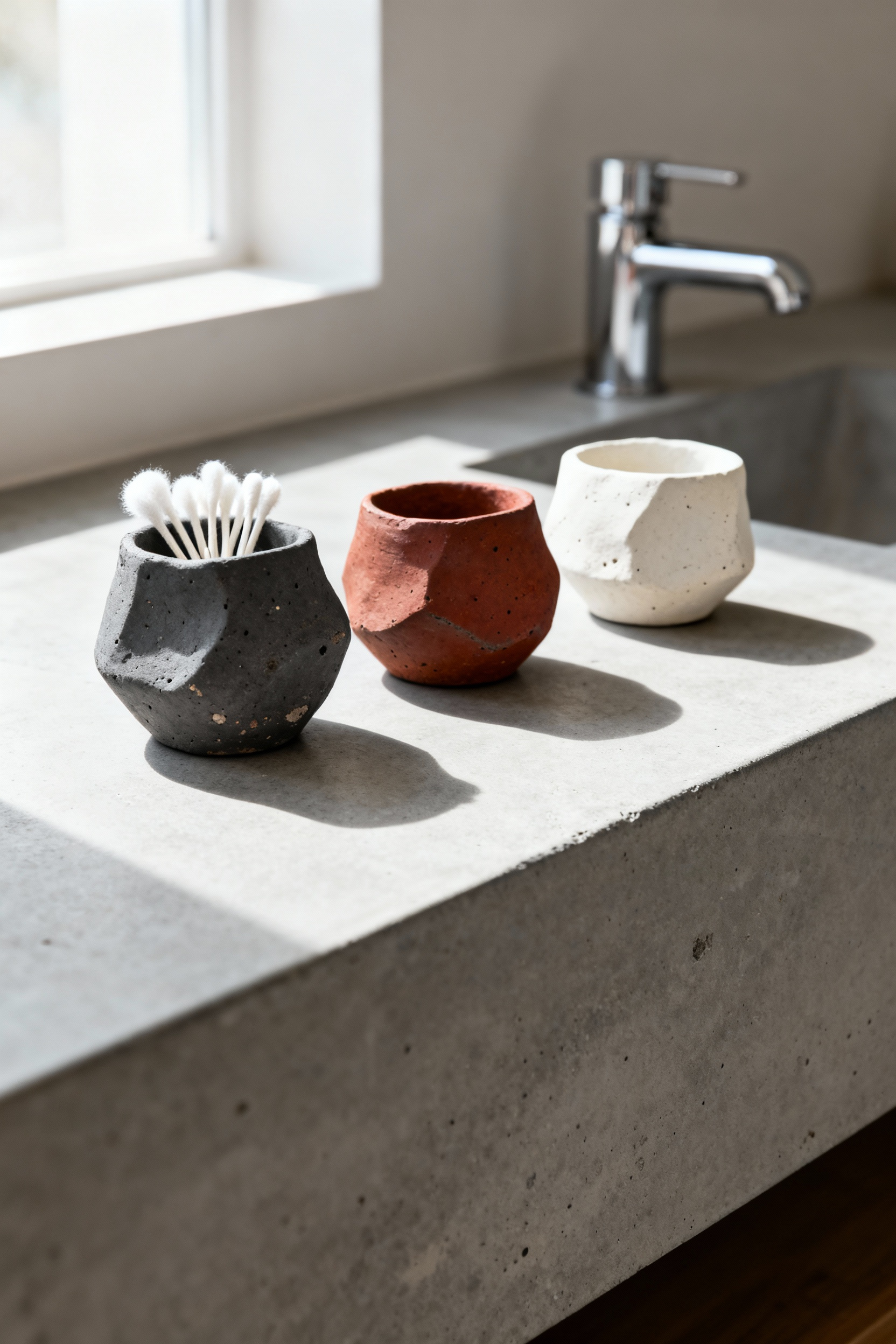 High-resolution photo of three hand-thrown, unglazed ceramic wabi-sabi vessels resting on a minimalist gray concrete bathroom vanity countertop beside a polished chrome faucet, emphasizing the contrast between raw texture and sterile modern design.