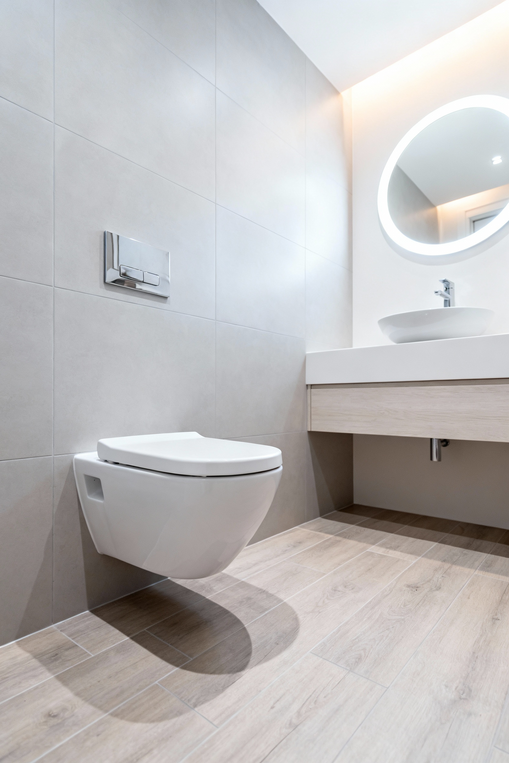 Modern small bathroom design featuring a floating wall-hung toilet, emphasizing uninterrupted floor space and concealed cistern technology for maximum space savings.