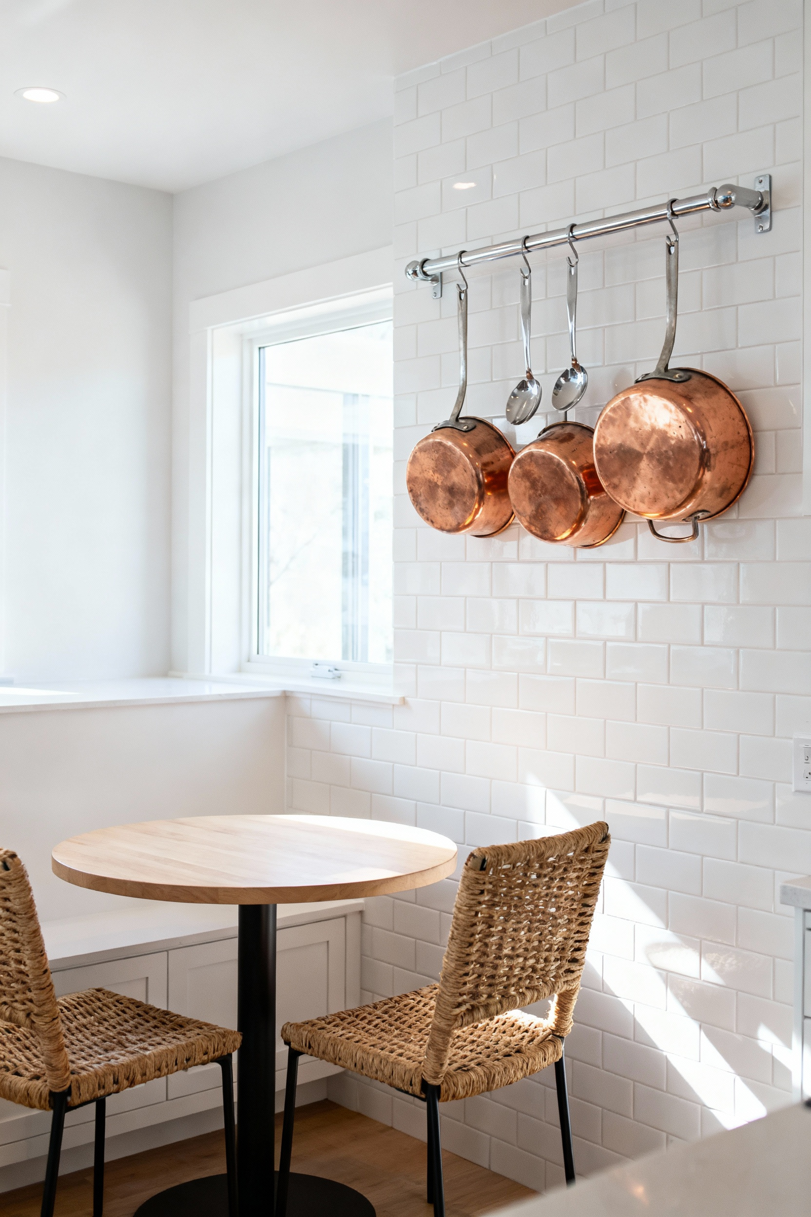 A small open-concept kitchen and dining area showcasing a wall-mounted stainless steel pot rack used to display copper cookware as working decor, maximizing vertical storage.