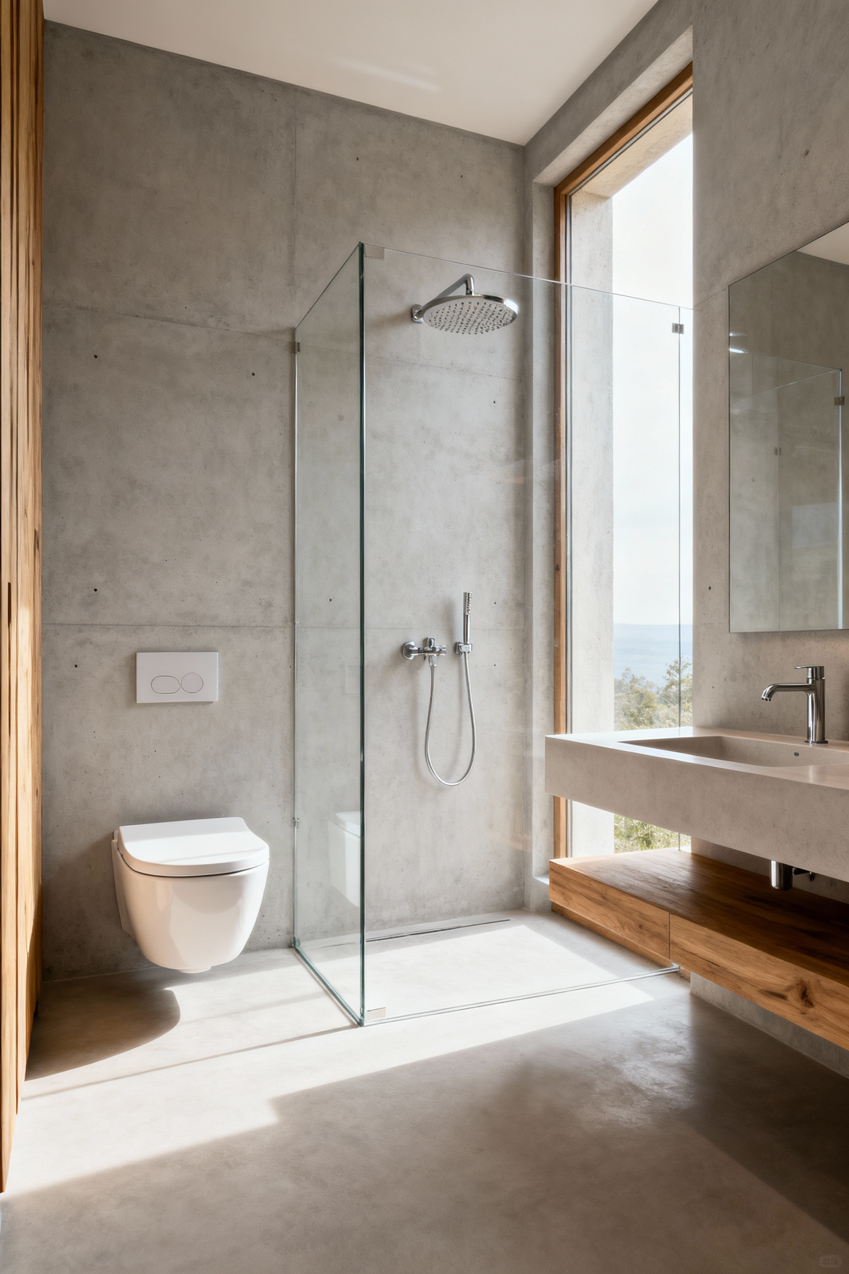 A sleek, modern luxury bathroom featuring integrated water-saving technologies, including a low-flow rainfall showerhead, dual-flush toilet, and aerated faucet. The design uses light concrete and wood with ample natural light, creating a sustainable and tranquil space.