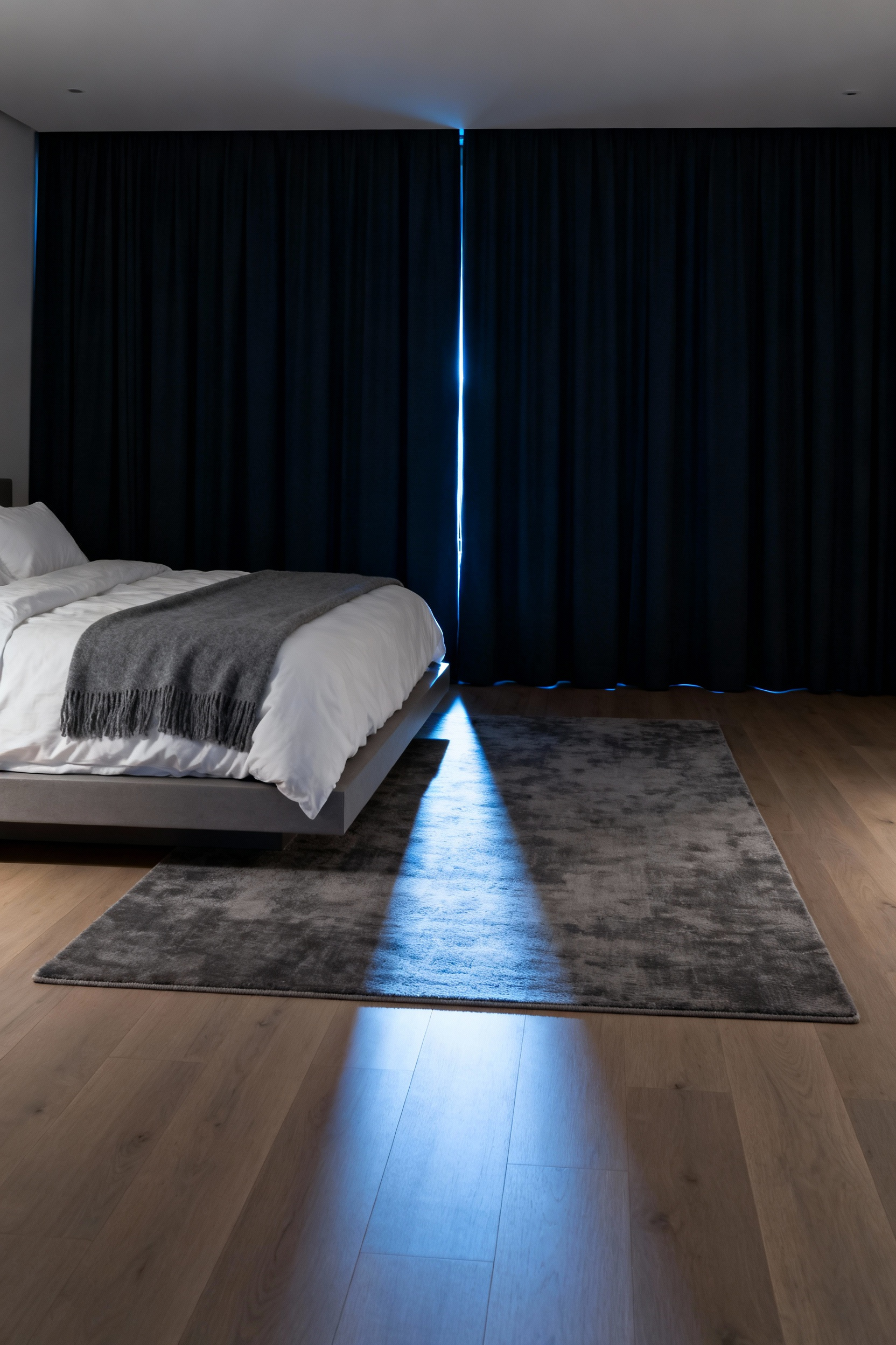 A modern, minimalist bedroom interior with fully drawn blackout curtains creating a high-contrast dark environment, illustrating the concept of a dedicated recovery chamber optimized for sleep health and circadian rhythm synchronization.