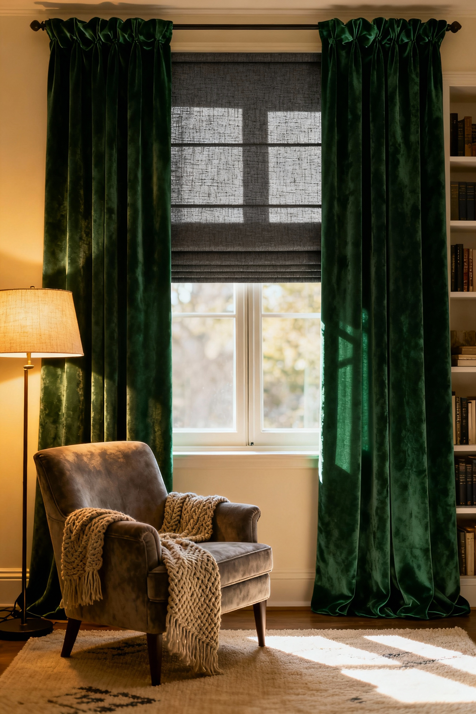 Living room window with elegant layered thermal-lined velvet drapes and Roman blinds, demonstrating effective window treatments for insulation and a cozy aesthetic.