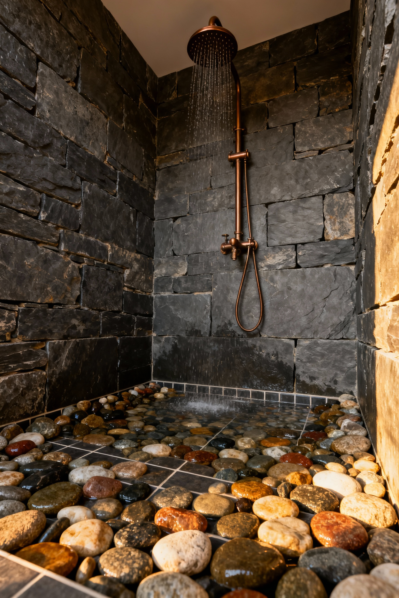 Detailed view of a zero-entry masonry shower floor tiled entirely with natural, multi-colored river stones, showcasing a rustic bathroom remodel design.