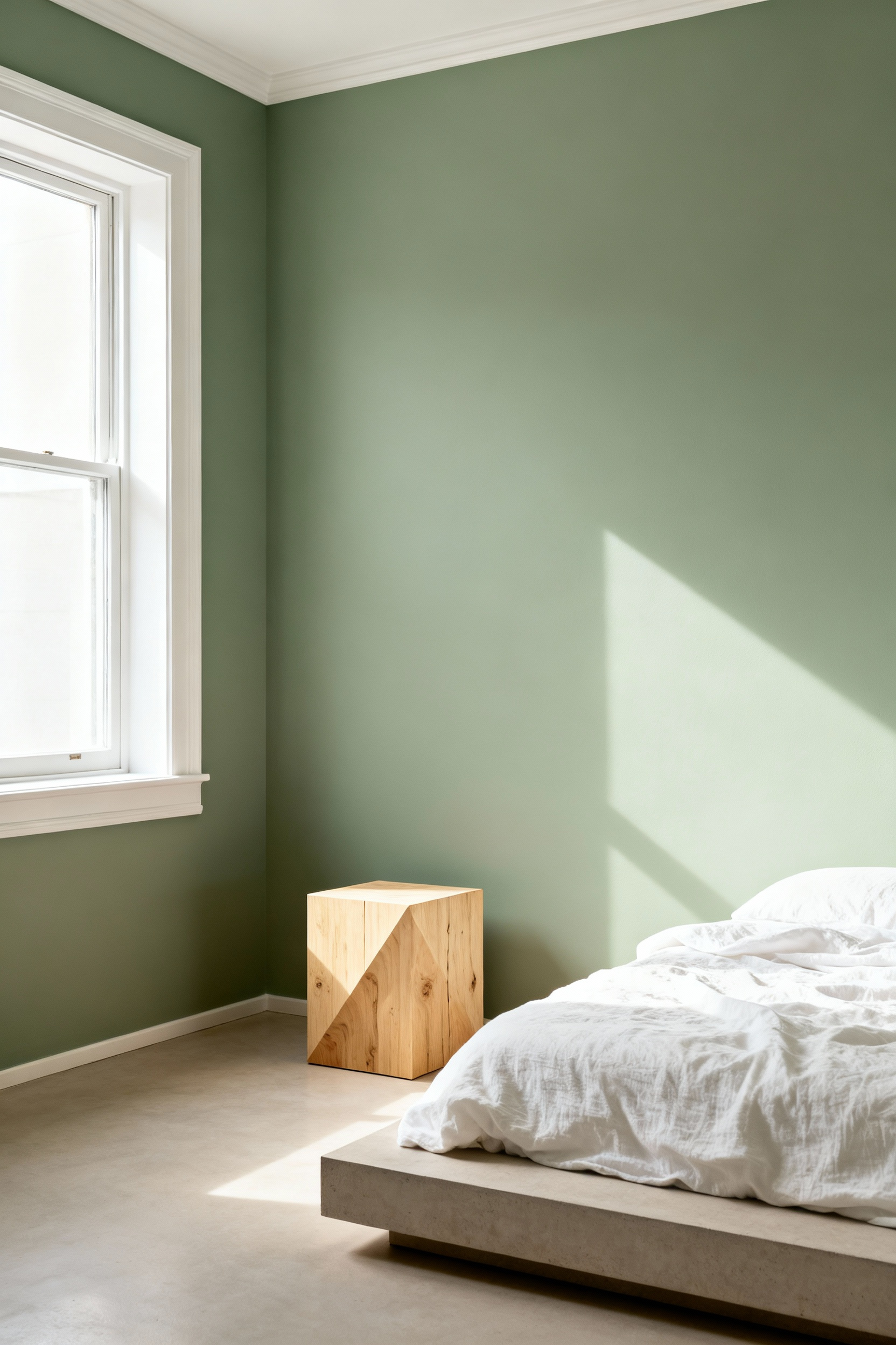A serene, minimalist Scandinavian-style bedroom interior featuring walls painted in ultra-matte Zero-VOC sage green, emphasizing clean air quality and non-toxic interior design principles.