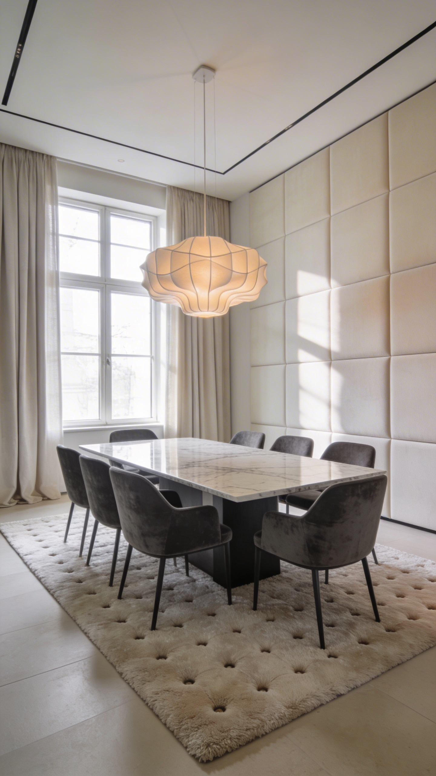 A high-end dining room featuring sound-dampening decor like velvet chairs, a plush area rug, and heavy curtains to improve acoustics.