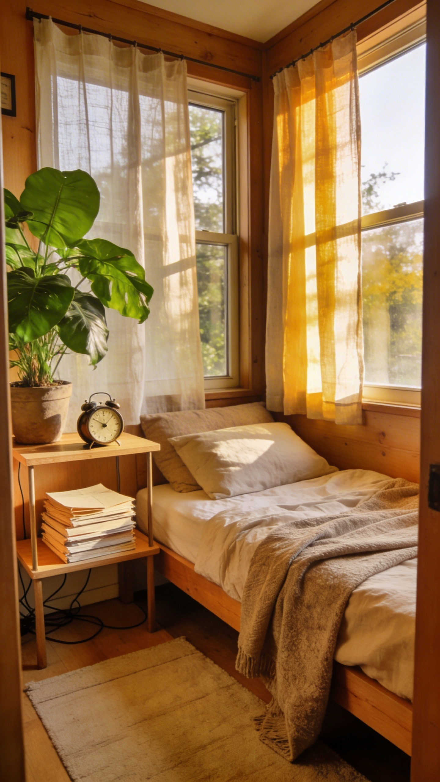 A small, tech-free bedroom with minimalist decor, a wooden bedside table with books and an analog clock, and soft natural lighting.