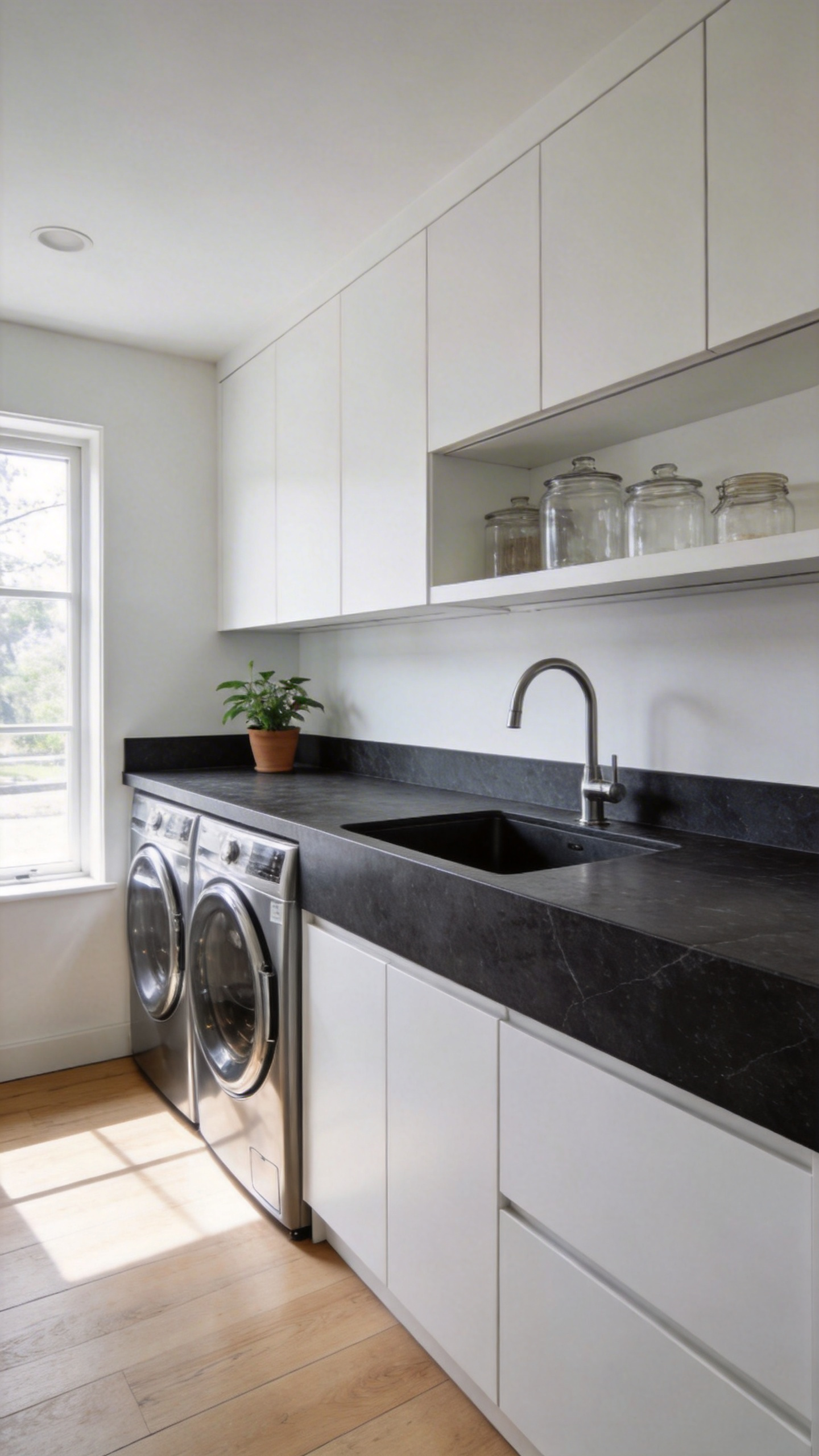A modern laundry room featuring dark soapstone countertops and white cabinetry for a clean, antibacterial design.
