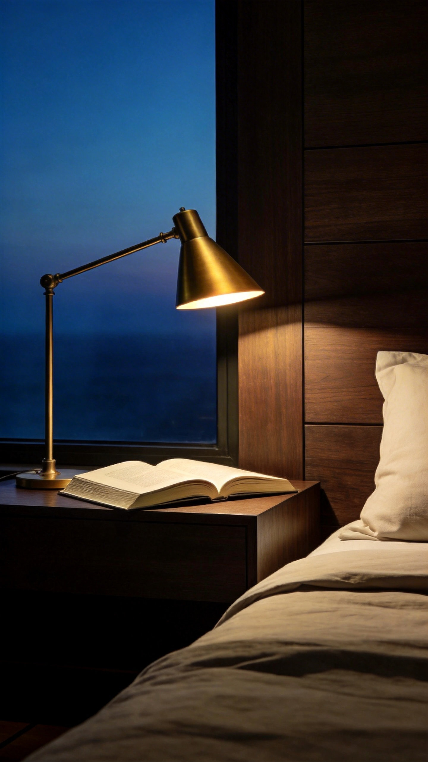 A modern articulated brass task light extending over a bedside table in a moody, dimly lit bedroom setting.