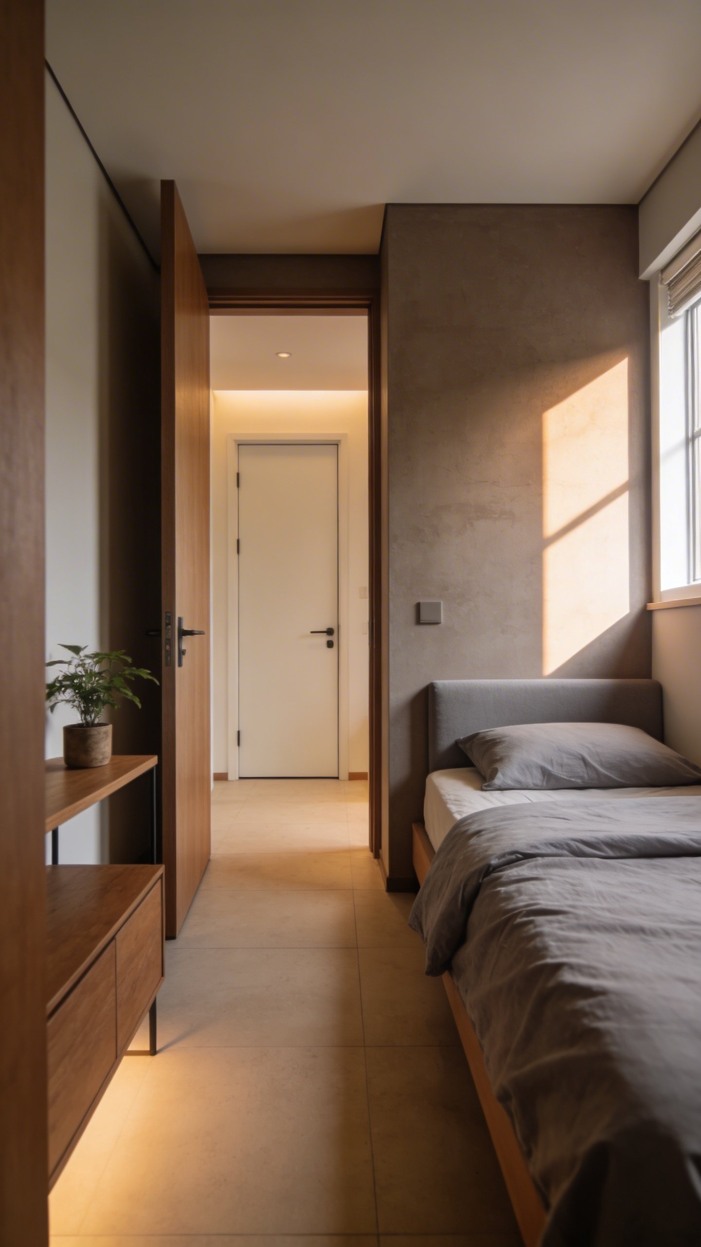 A small, well-decorated bedroom showing a bed positioned to see the door without being directly in line with it, illustrating the Command Position.