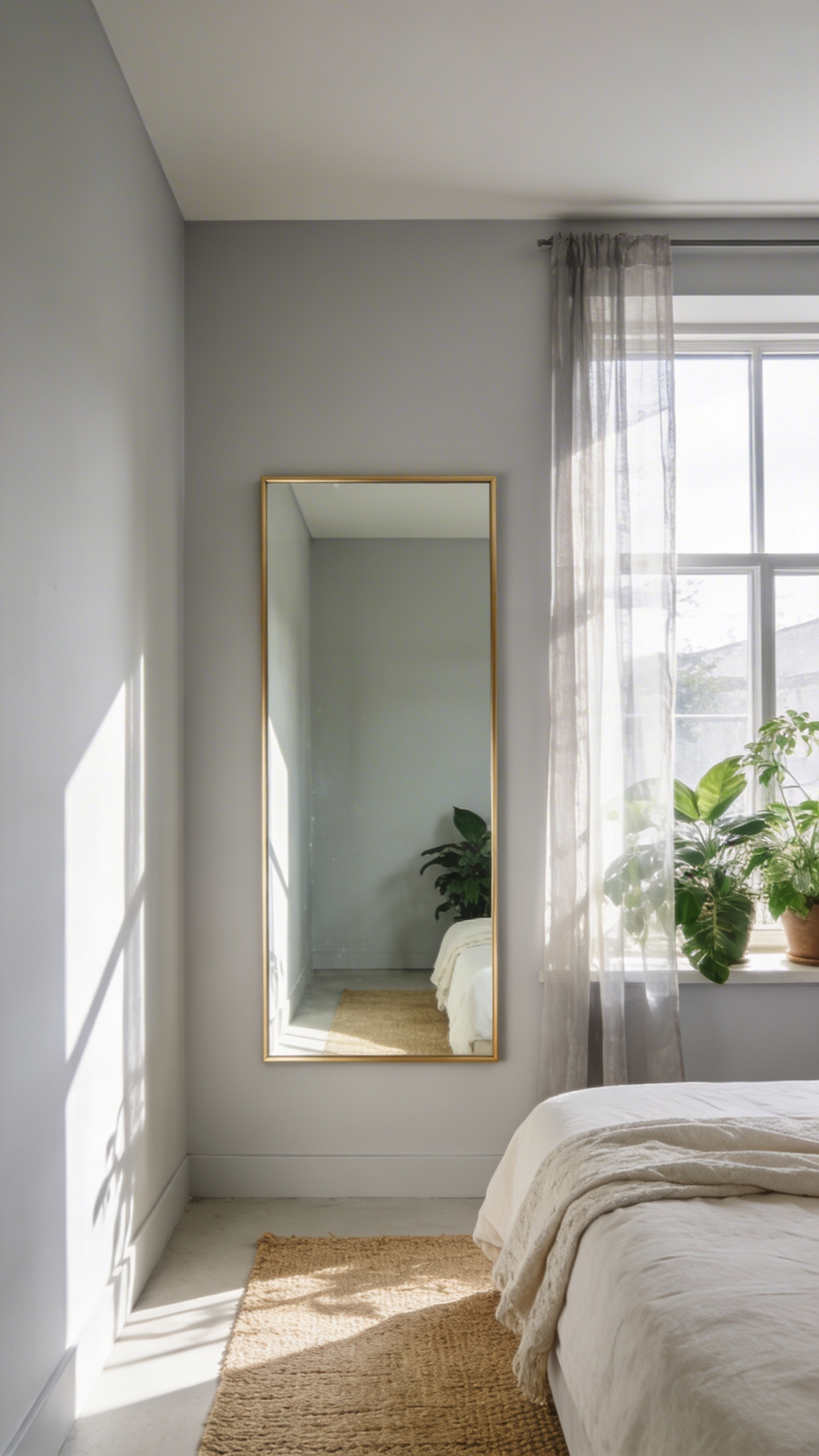 Minimalist small bedroom decor featuring a large mirror placed opposite a window to maximize natural light and visual space.