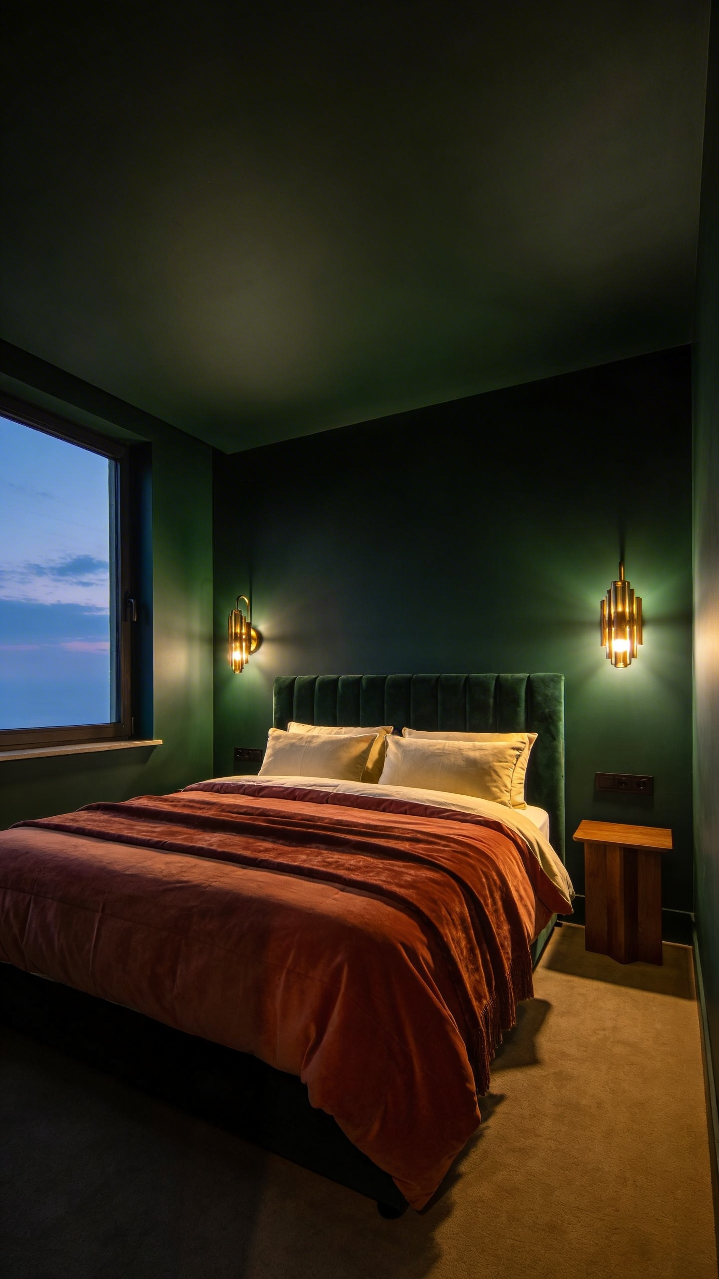 A small, cozy bedroom featuring deep forest green walls, warm brass lighting, and layered neutral bedding.