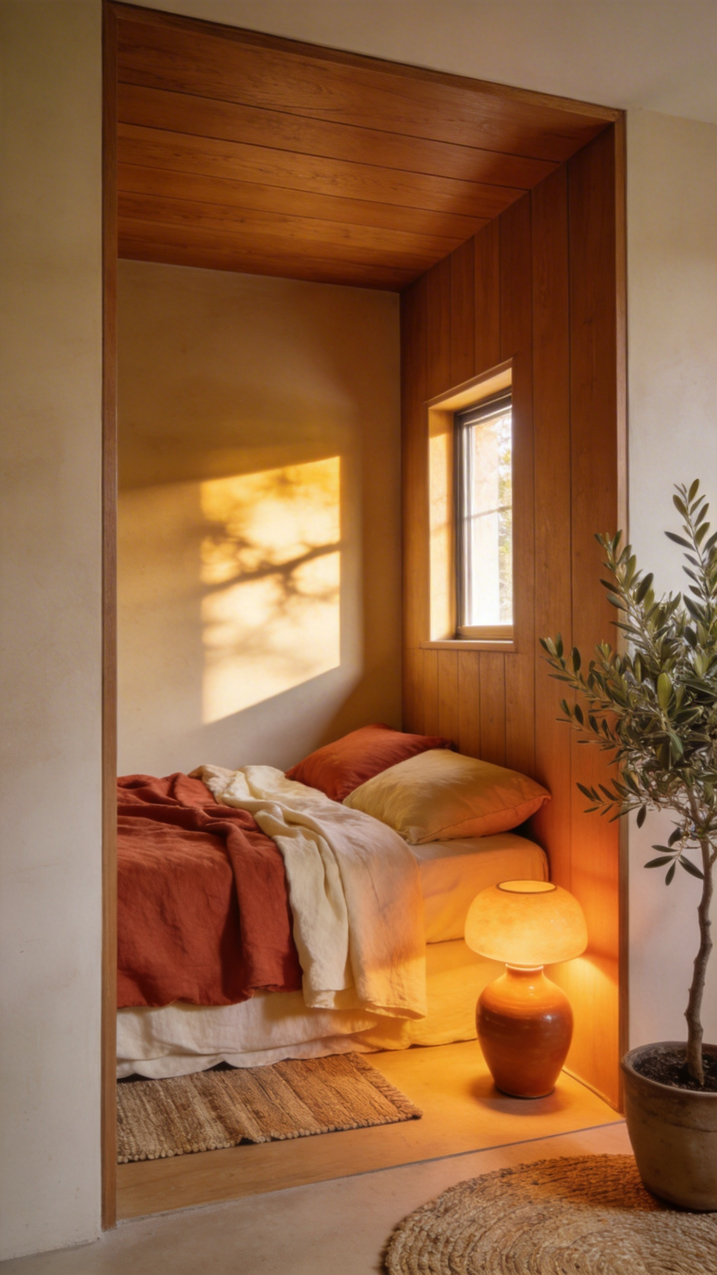 A cozy and small modern bedroom featuring warm wood walls and layered linen bedding designed for a sense of containment and deep sleep.