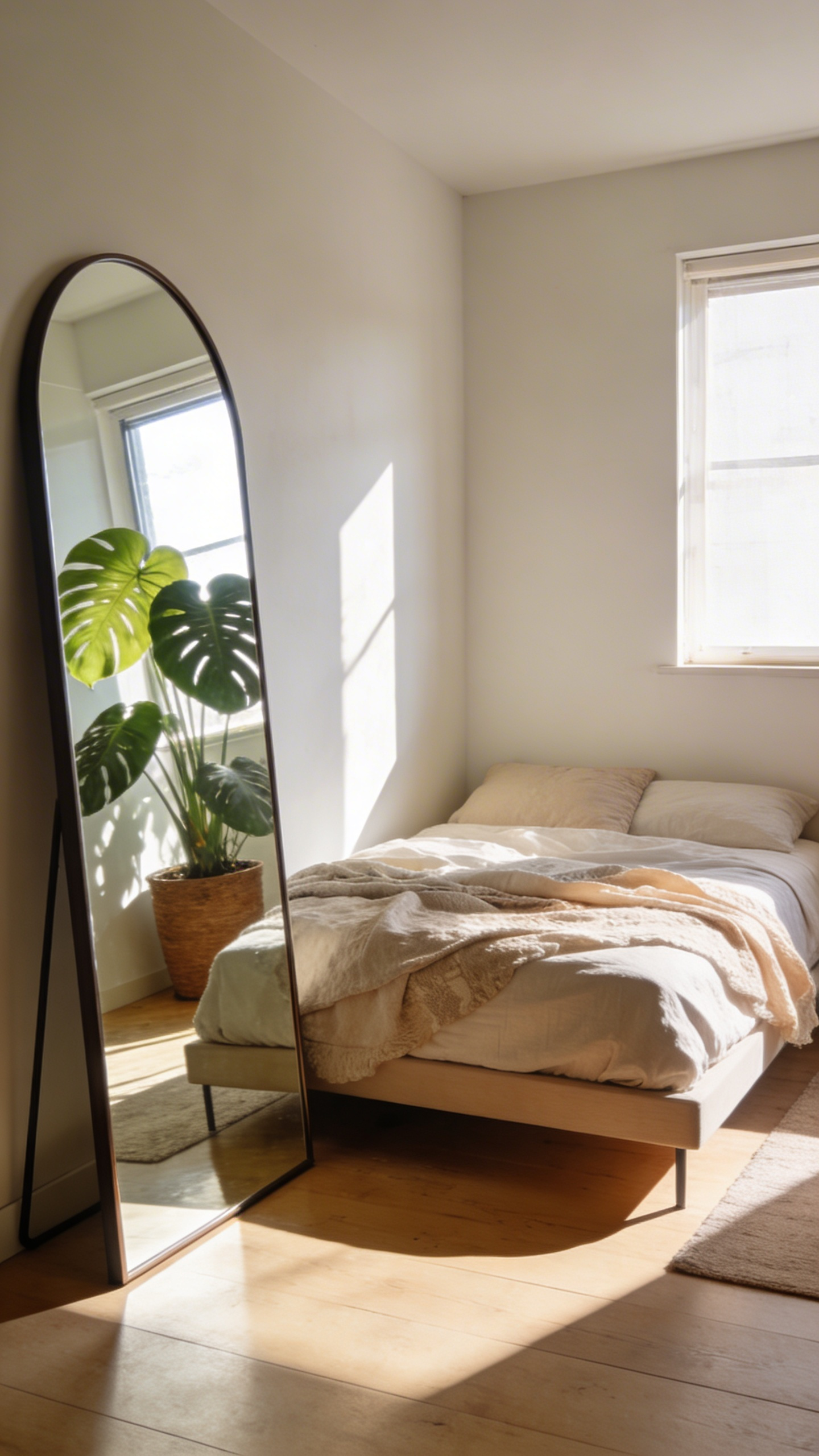 Small bedroom interior showing a mirror placed on a side wall to reflect window light and greenery for better Qi flow.