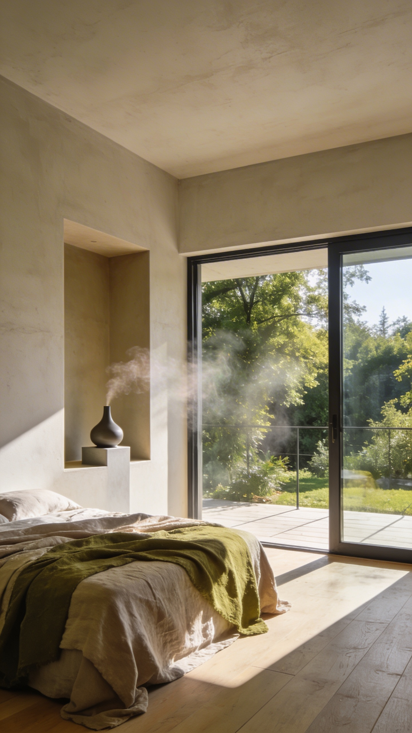 A minimalist master bedroom featuring a passive aromatherapy zone with a ceramic diffuser and bright natural lighting from floor-to-ceiling windows.