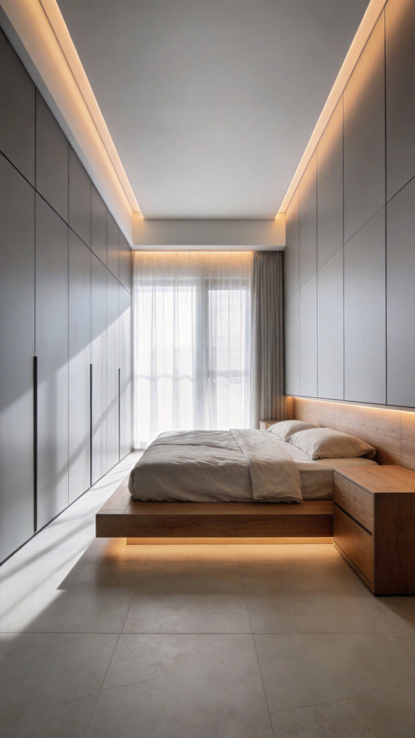 A minimalist master bedroom with integrated hidden storage panels and soft neutral decor to reduce visual clutter.