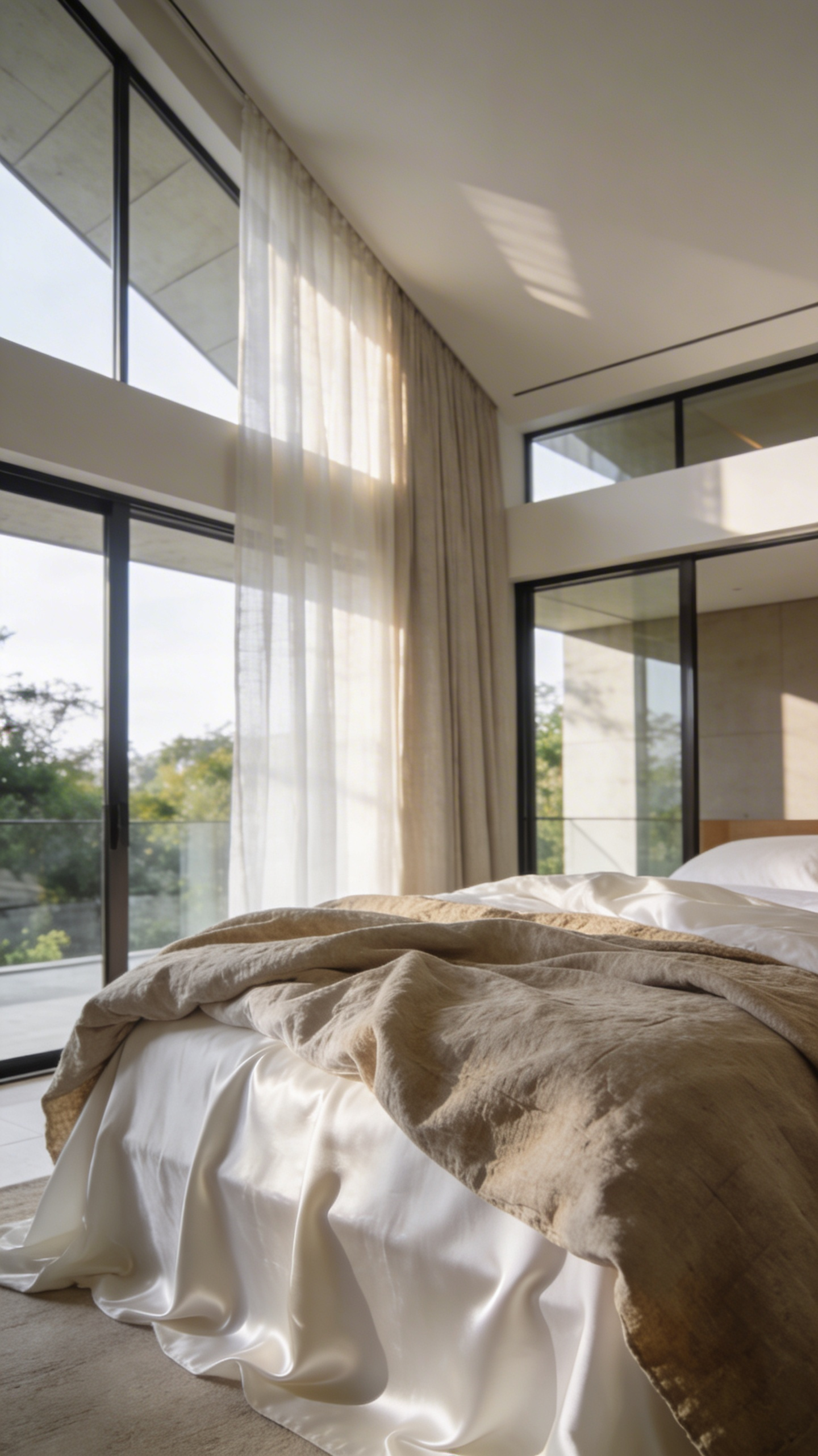 A master bedroom featuring a bed styled with unbleached European linen and Tencel sheets under soft natural light.