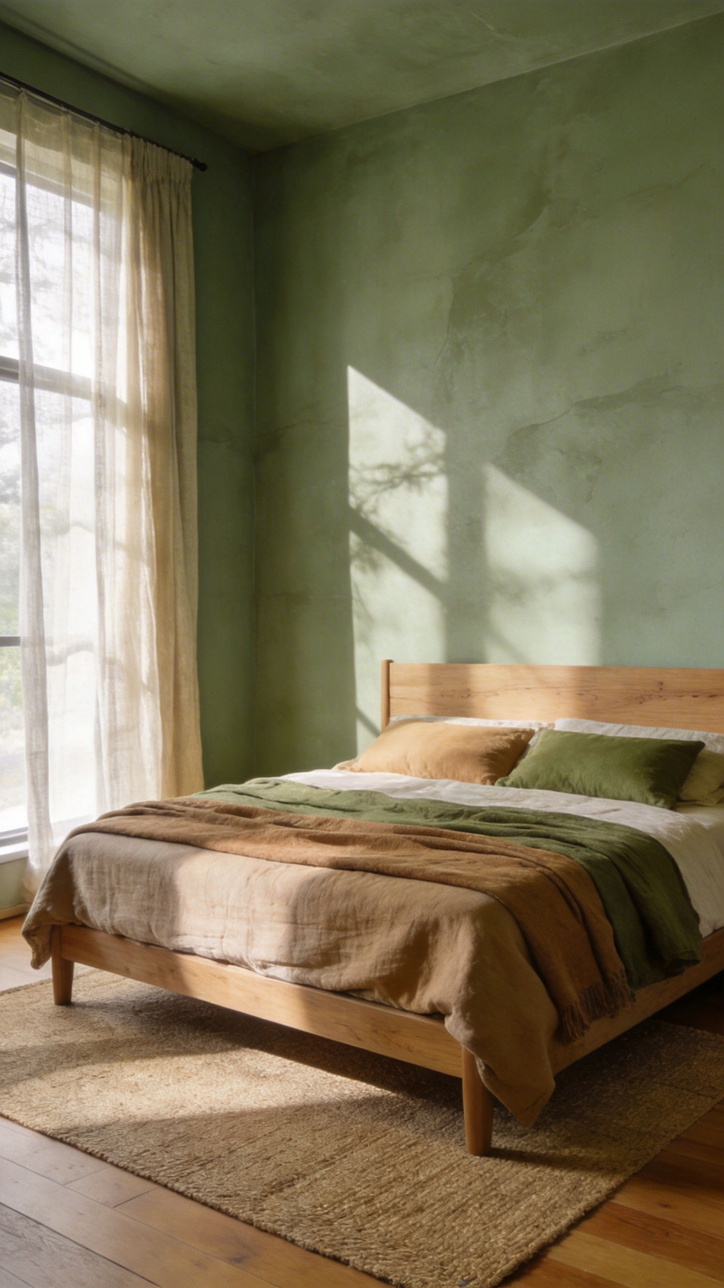 A serene master bedroom designed with stress-reducing sage green walls and natural wood furniture for a calming atmosphere.
