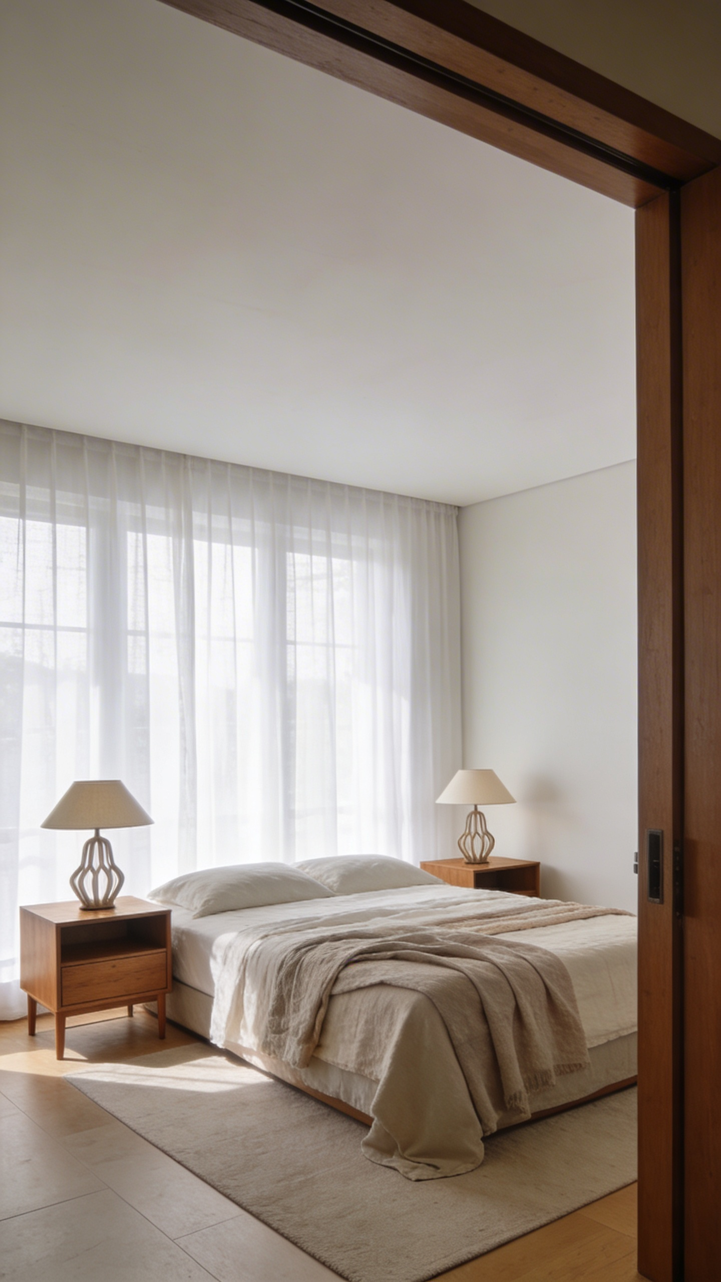 A serene master bedroom layout featuring symmetrical nightstands and strategic bed placement for psychological comfort and restorative sleep.