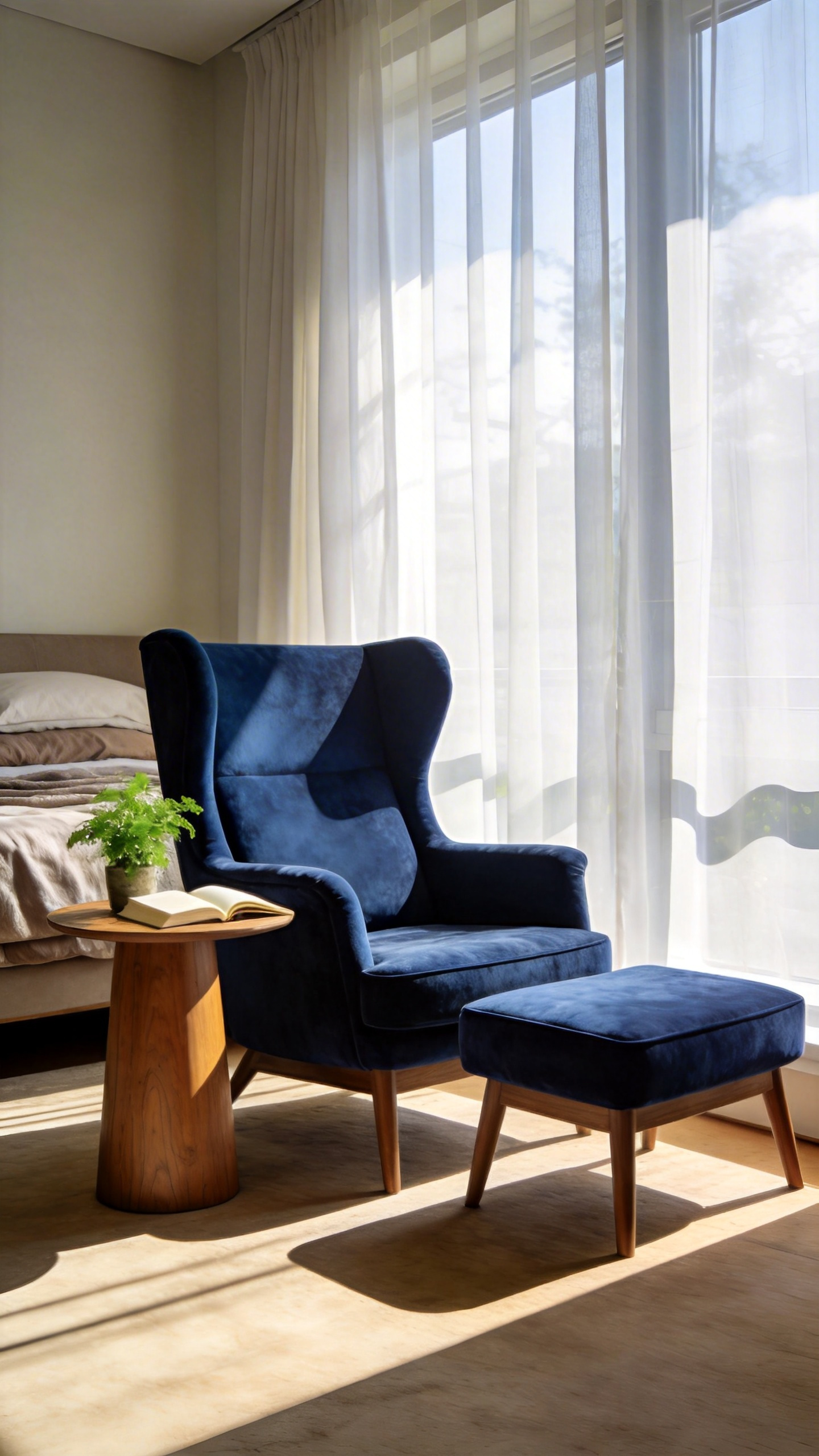A serene master bedroom seating area featuring a blue velvet lounge chair and a side table near a window for evening relaxation.