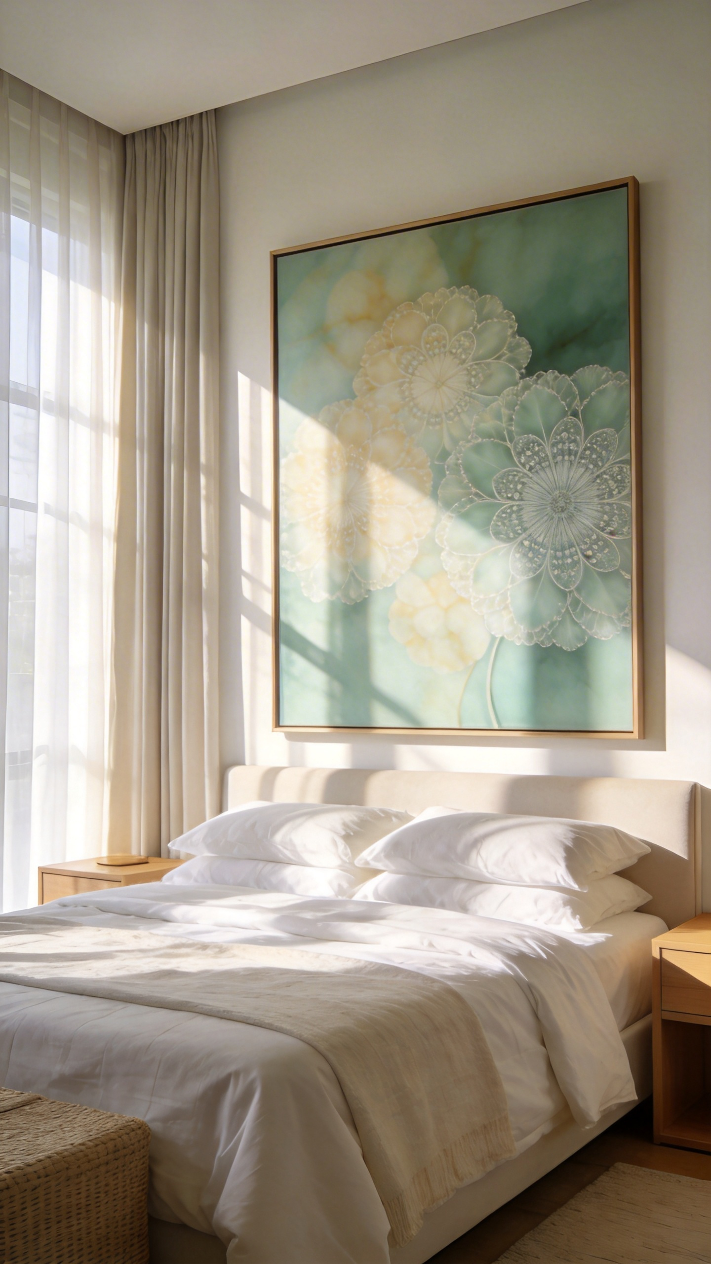 A serene master bedroom featuring large botanical fractal artwork above a bed to create a calming atmosphere through natural patterns.