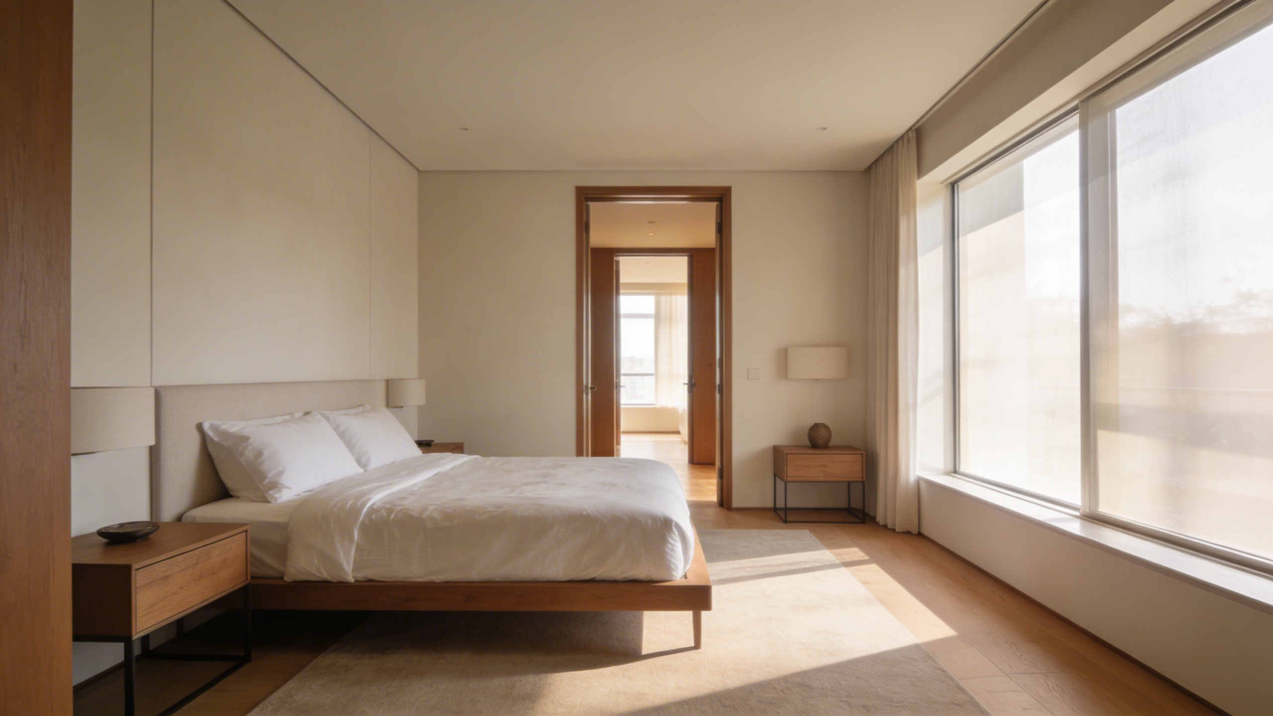 A serene master bedroom layout showcasing the command position bed placement with natural lighting and mindful decor.